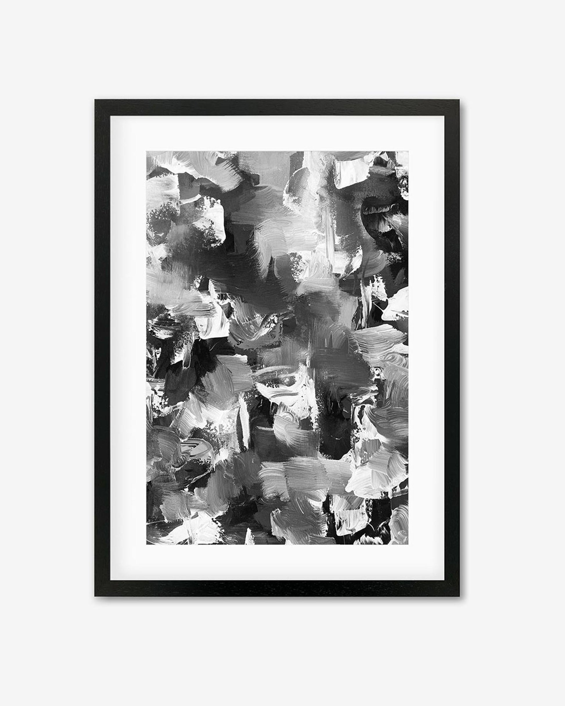 This image features the "Abstract 501 Framed Art," a modern and striking art piece. The artwork presents an intense interplay of black, white, and grey brush strokes, creating a powerful and dramatic visual effect.