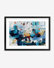 A framed art piece with abstract brush strokes in blue, white, orange, and hints of green.