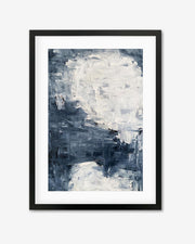 A framed art piece with abstract navy and white colors in a black frame, mounted on a plain background.