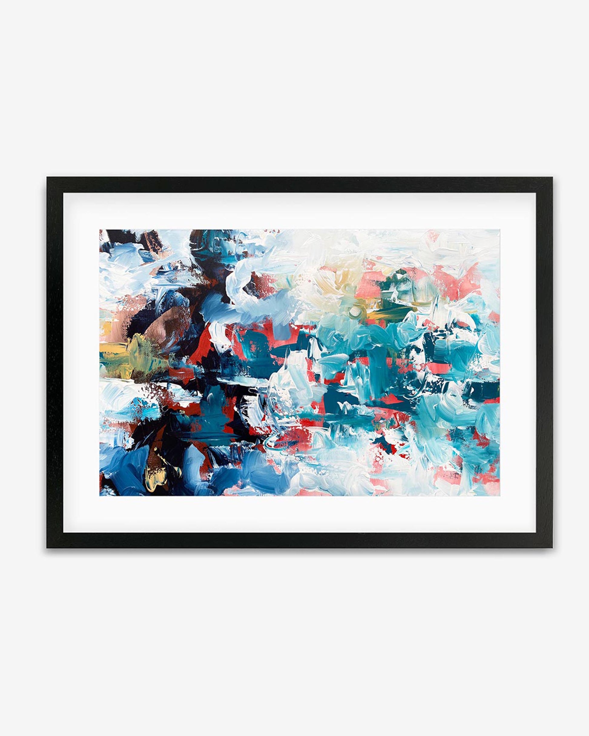 A framed abstract artwork with vibrant blues, whites, and pinks displayed behind a clear glass.