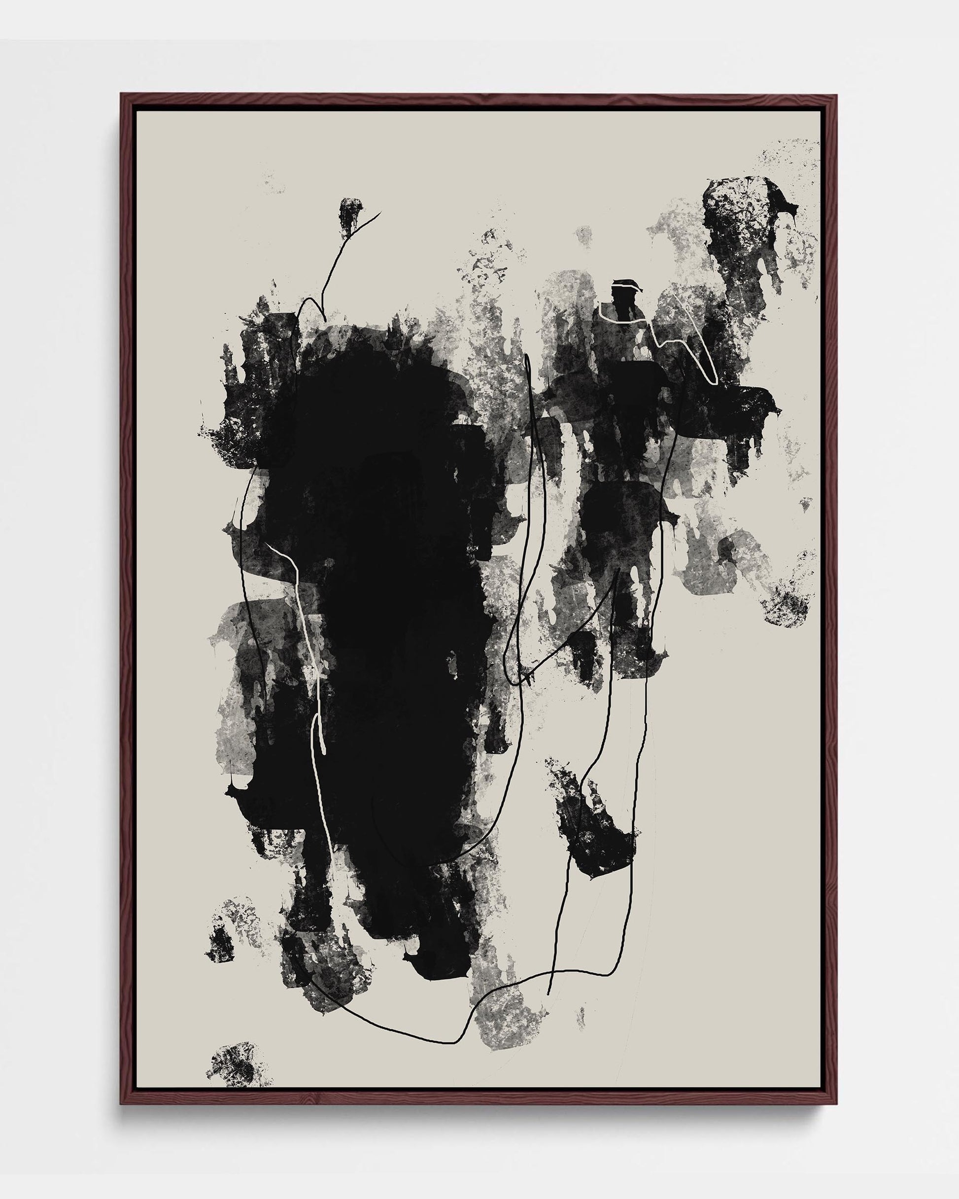 A modern canvas art piece with bold black mark making layered over a neutral beige background, framed in black.