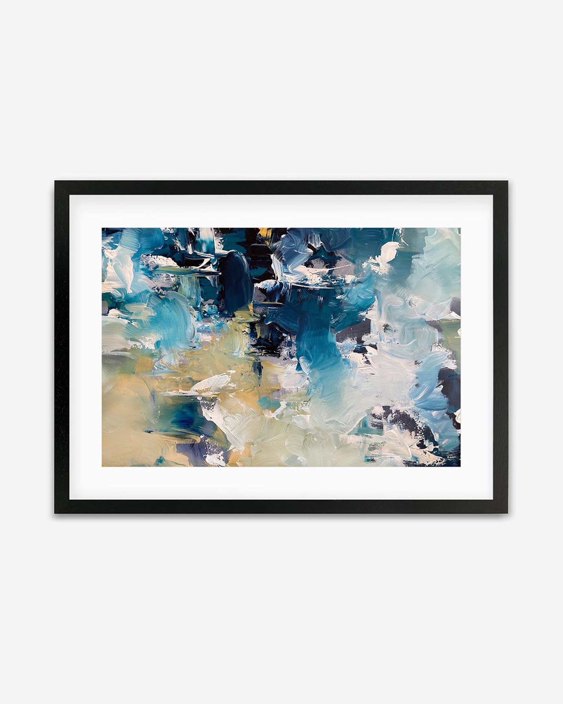 A framed artwork featuring abstract geometric patterns with blue, gold, green, and white colors.