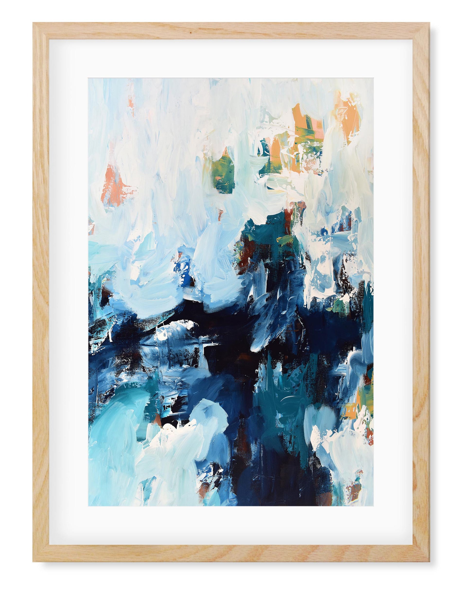 A framed art piece with abstract design, featuring ocean-inspired waves in navy, light blue, white, and hints of orange.