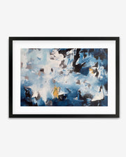 A framed abstract artwork featuring geometric shapes in blue, white, black, and a touch of orange, set in a grey frame.