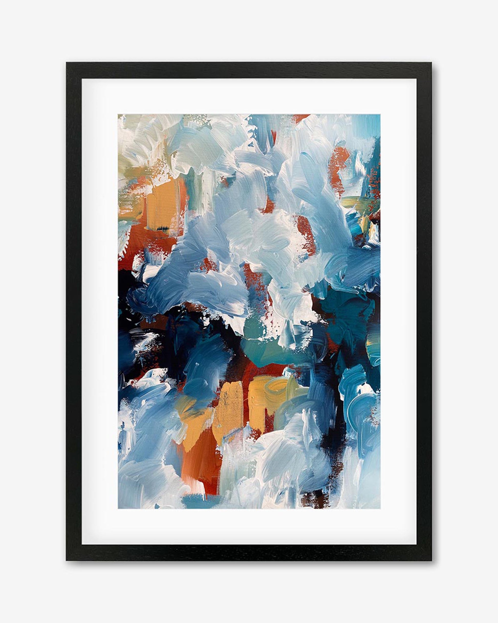 A framed abstract artwork with vibrant brush strokes in blue, white, orange, and red displayed against a white wall.