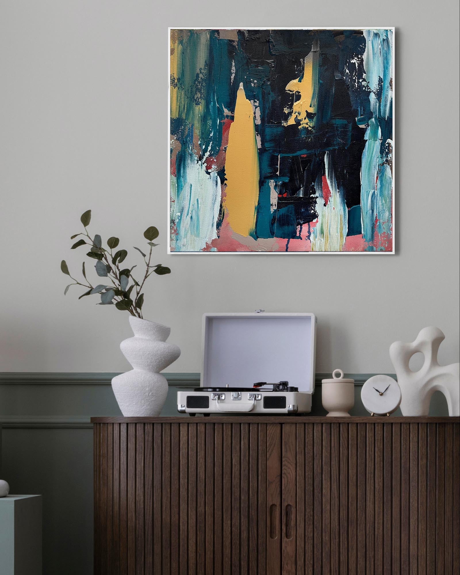 abstract wall art on wall above sideboard