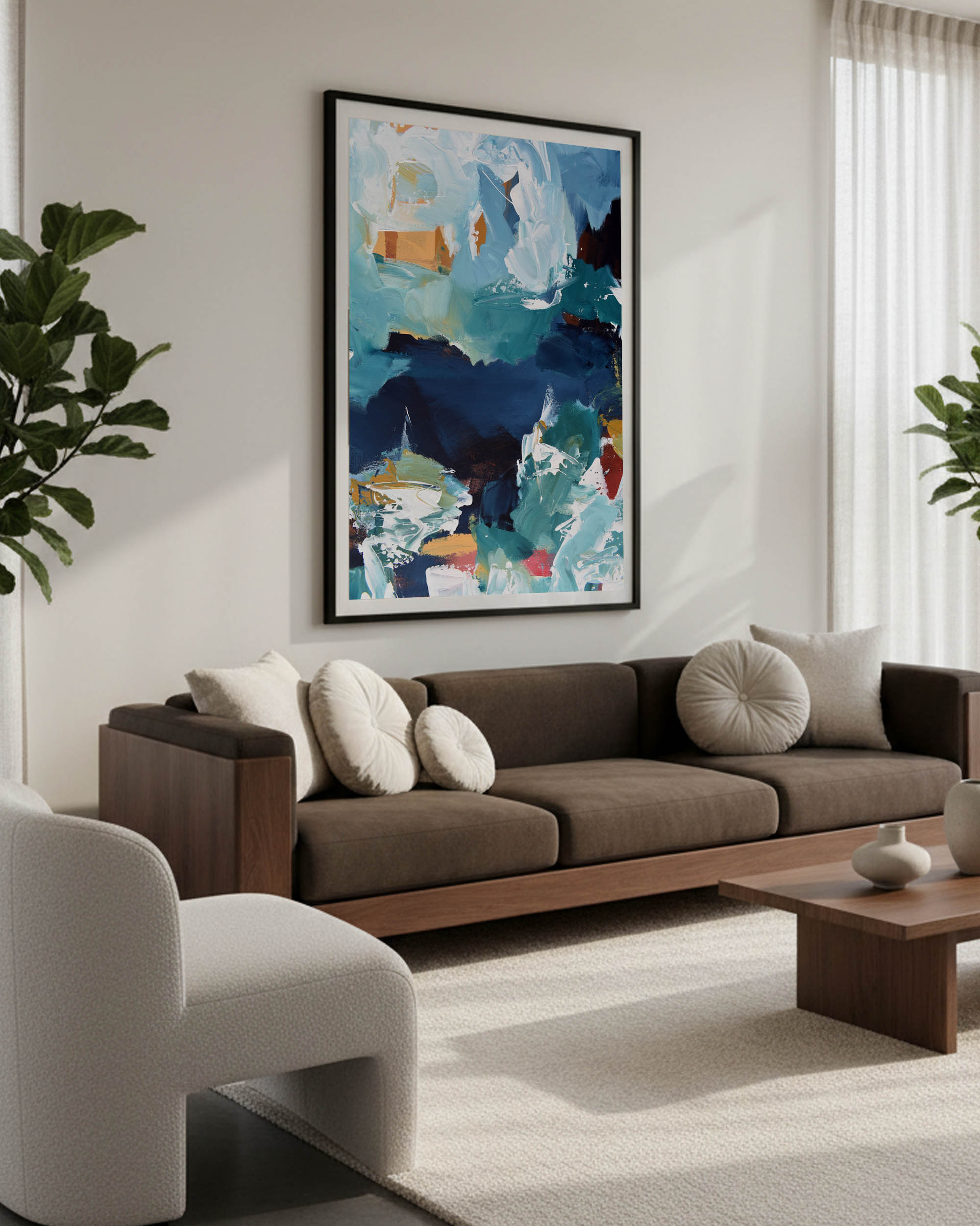 Modern living room with a brown sofa, abstract art on the wall, and a plant.