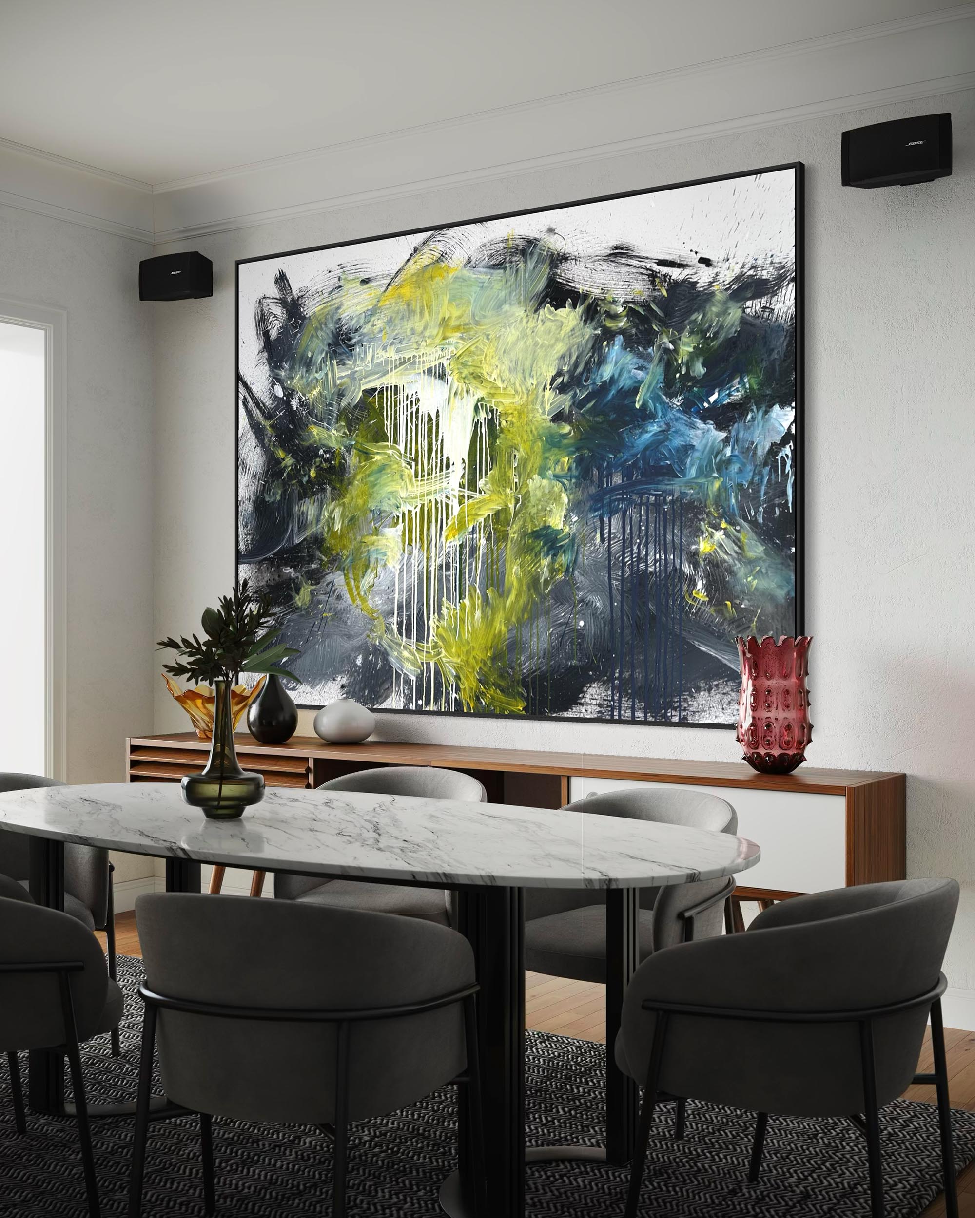 Dining room with a marble table and gray chairs, featuring an abstract painting on the wall.