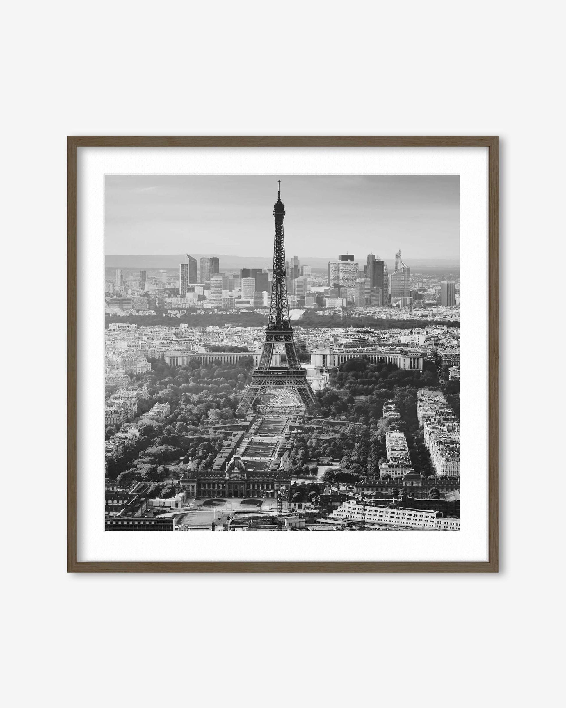 Framed black and white print of the Eiffel Tower and Paris skyline.