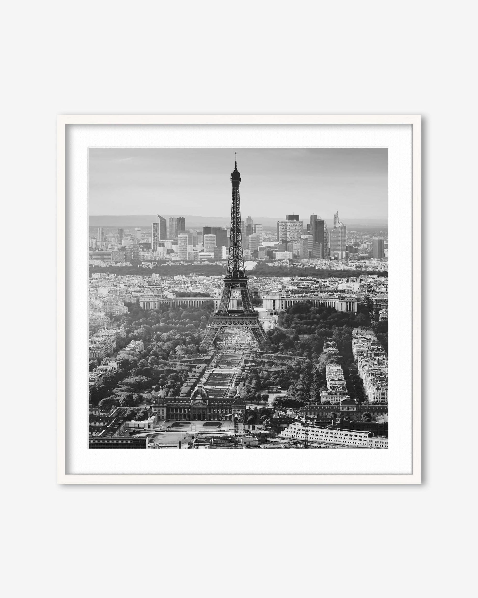Framed black and white print of the Eiffel Tower and Paris skyline.