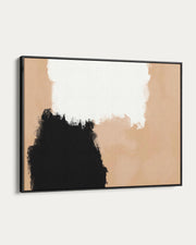 Abstract art print with black, white, and beige colors on a plain background