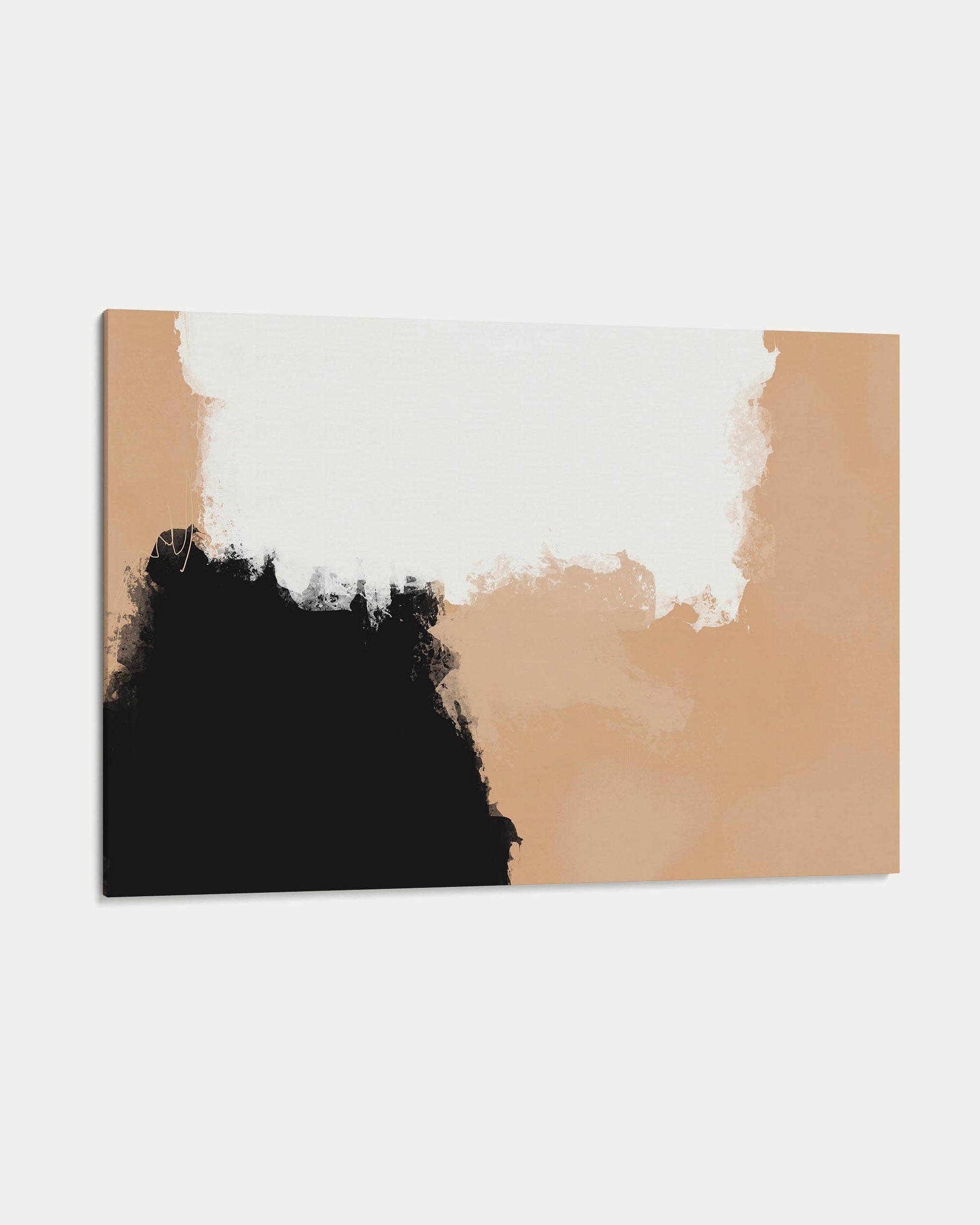 Abstract art piece with black, white, and beige colors on a white background