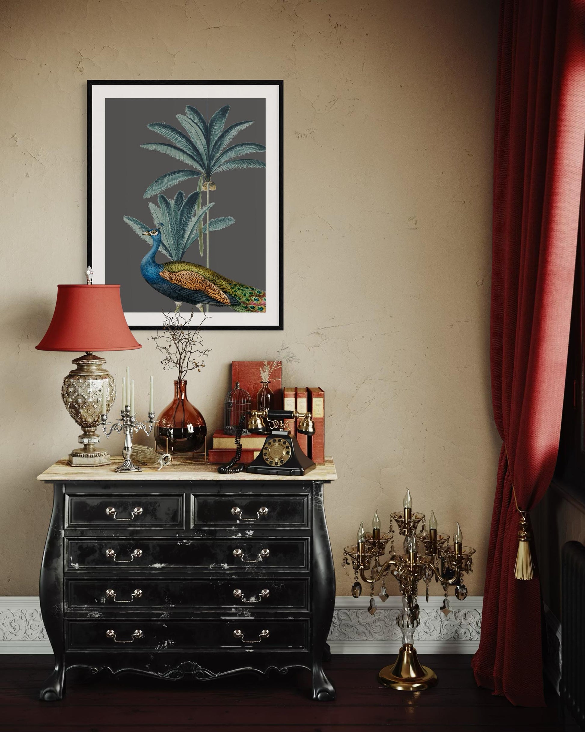 peacock art print framed on a wall above a vintage sideboard
