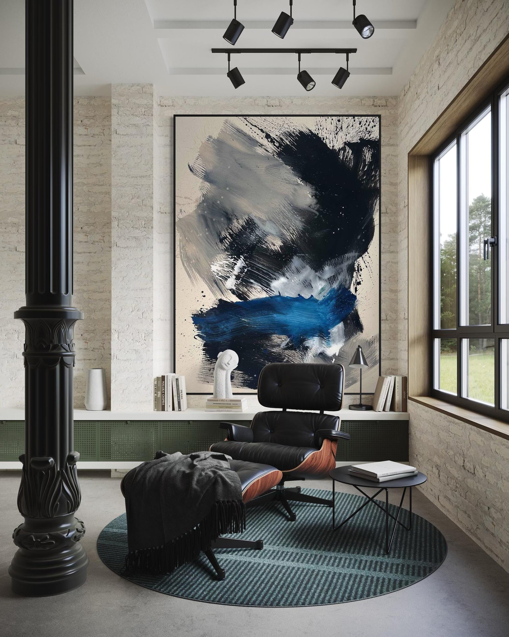 Modern office interior with abstract art, chair, and large window.