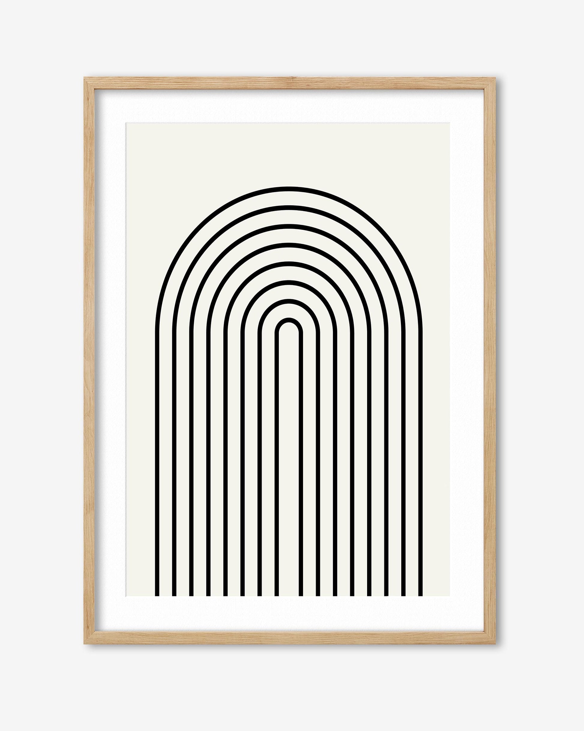 Framed artwork with a black arch-shaped line design on a white background