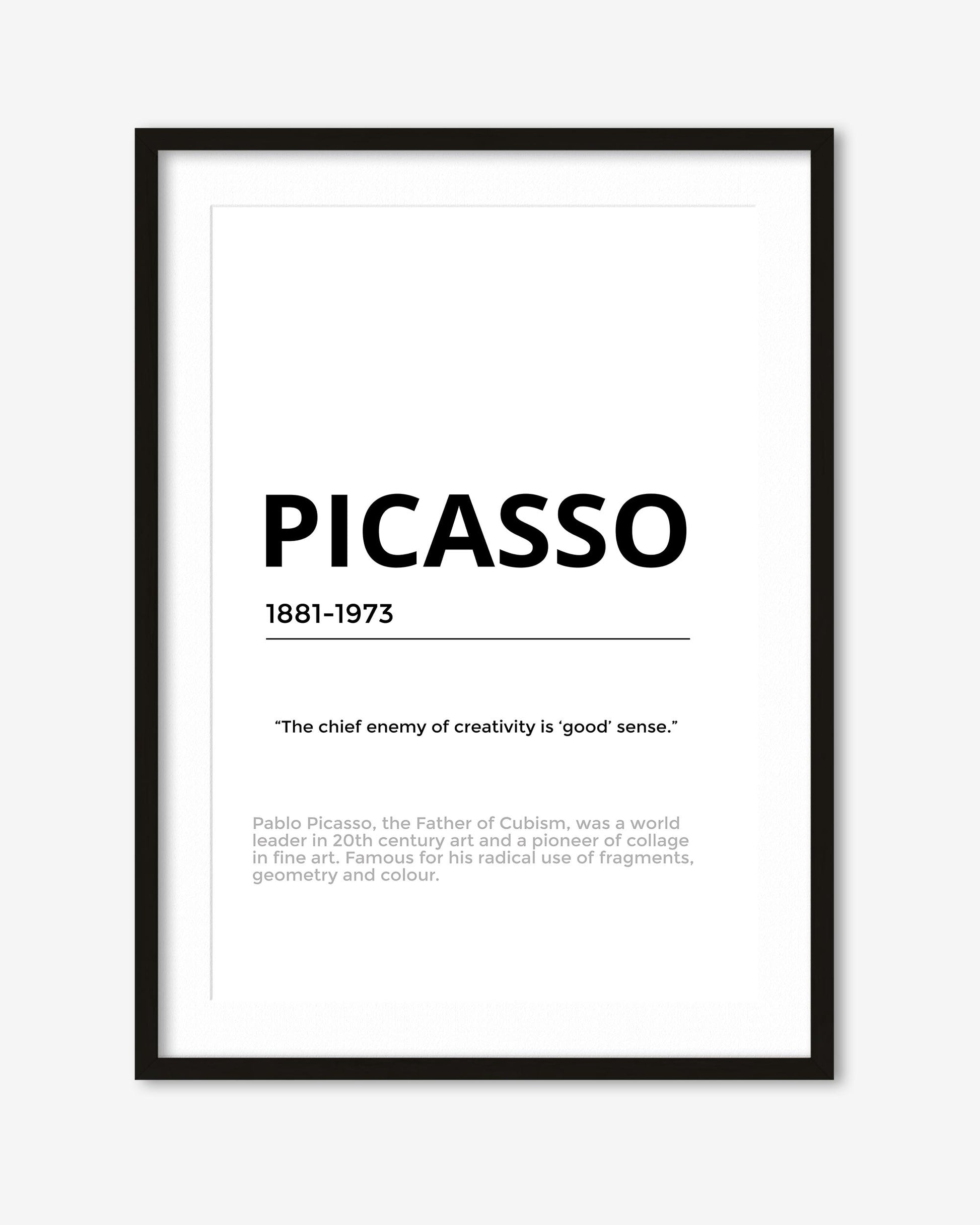 Framed artwork with Picasso quote on a white background