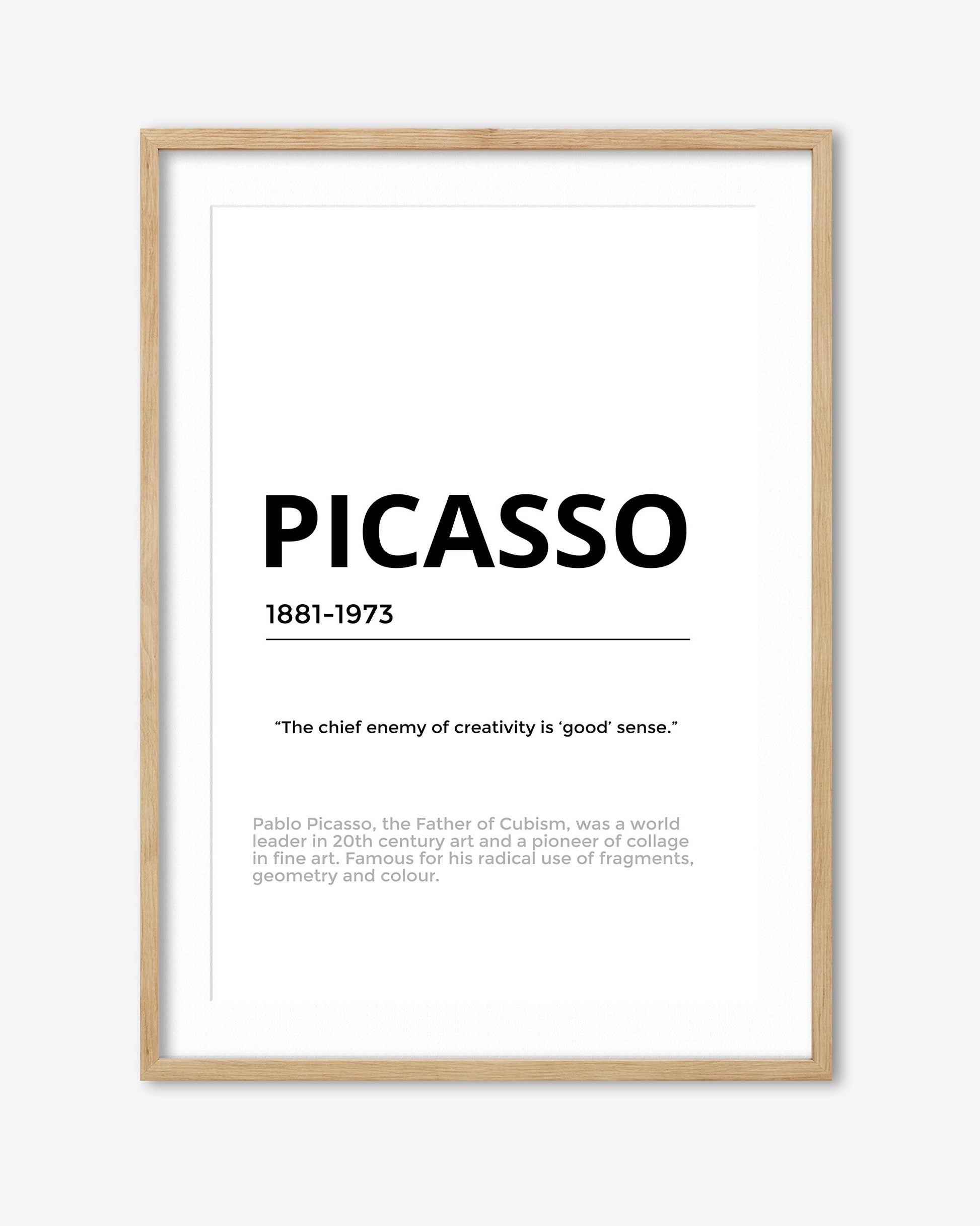 Framed print with Picasso quote on a white background