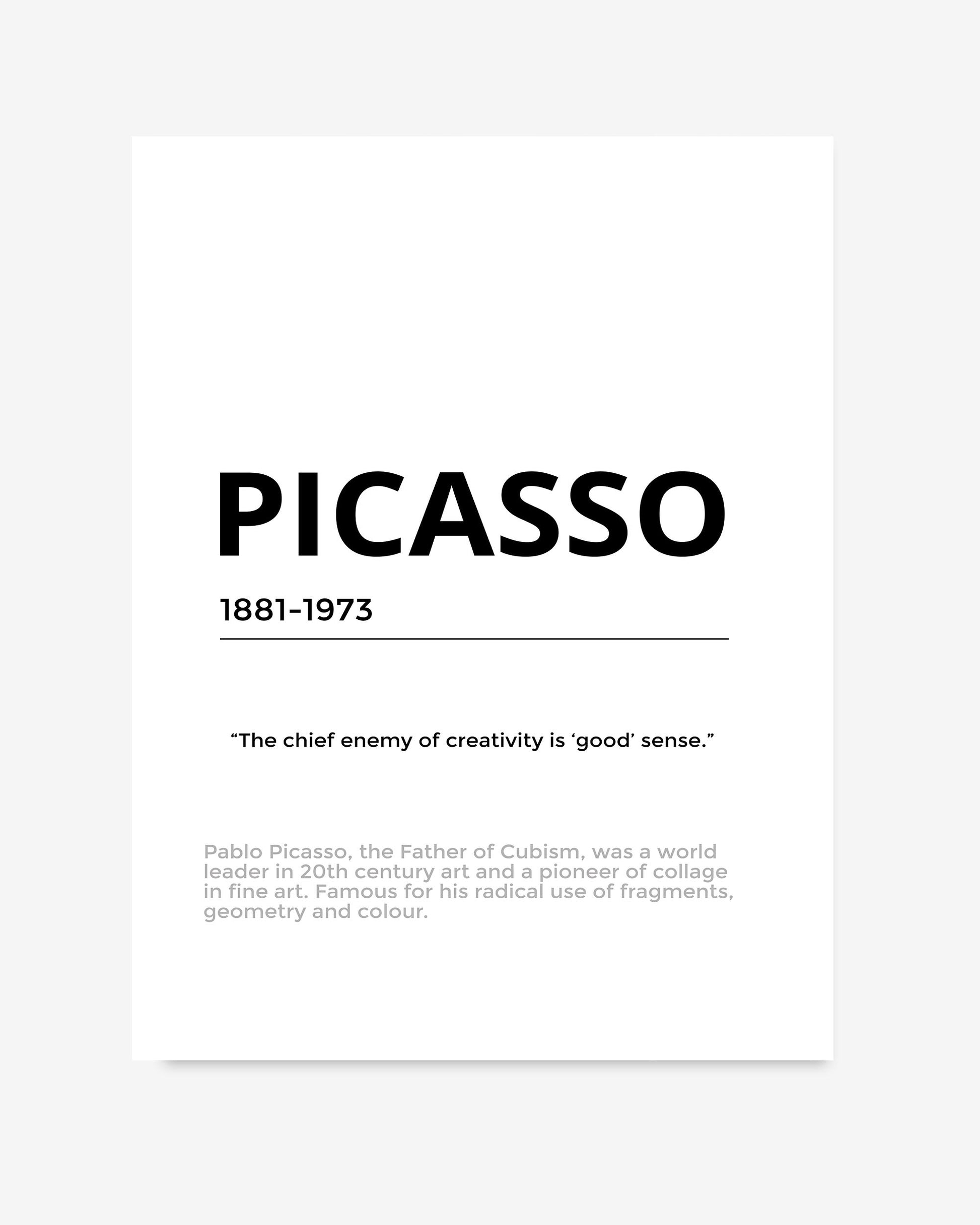 Poster with Picasso's name and quote on a white background
