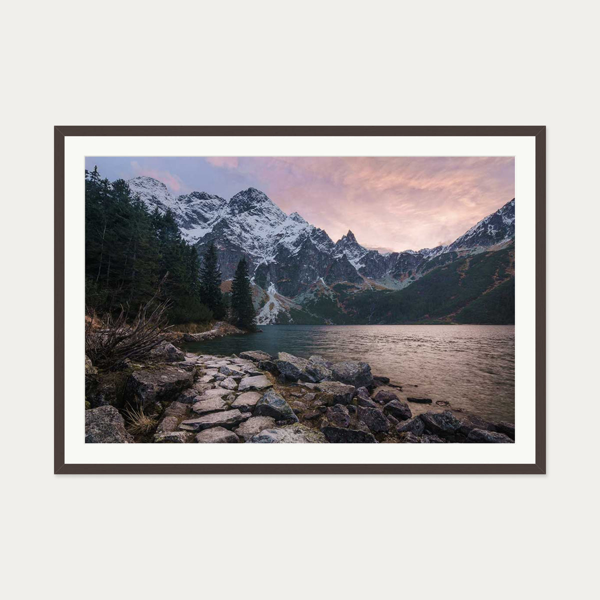 Picturesque Lake Wall Art Print — 70 x 100 cm — Brown Frame
