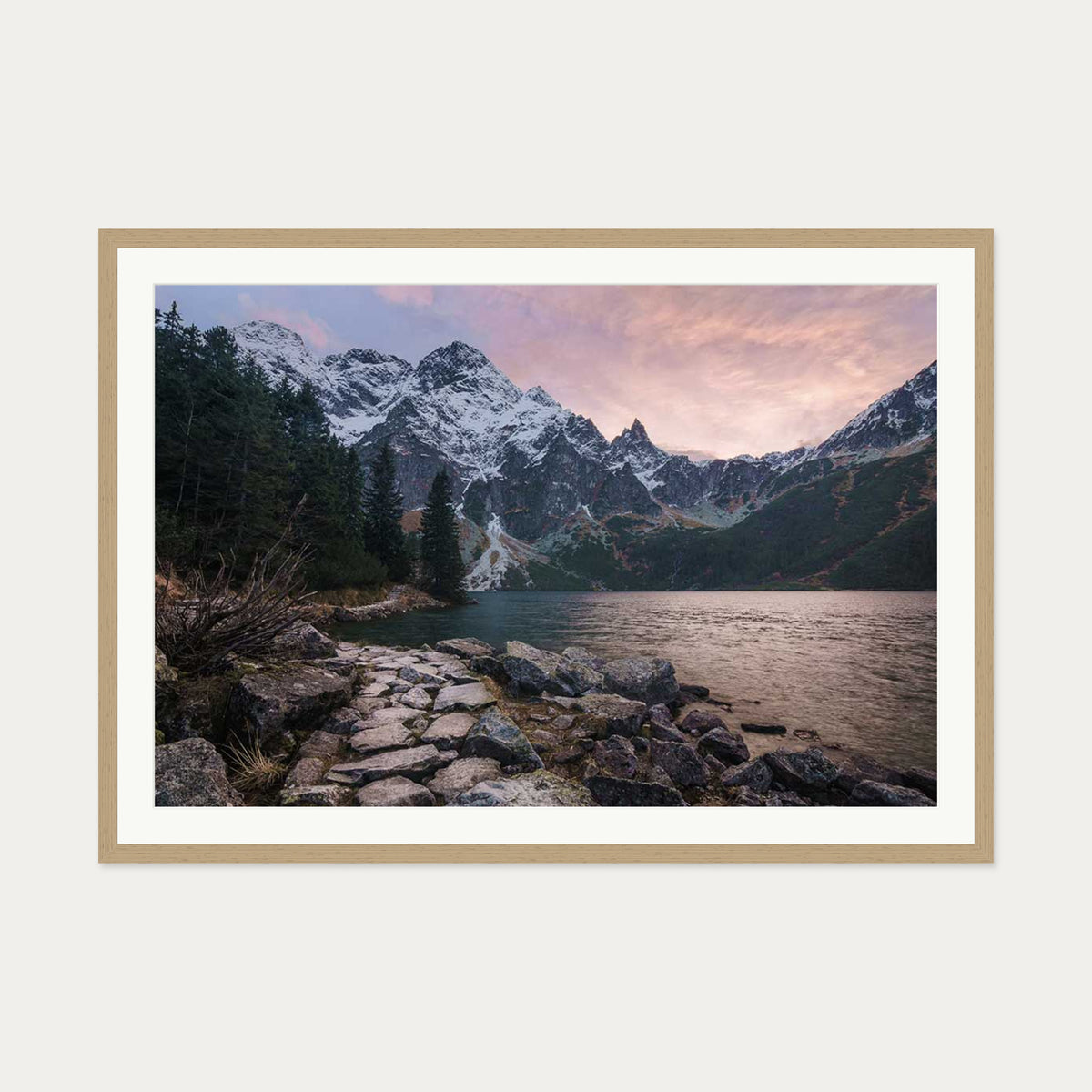 Picturesque Lake Wall Art Print — 70 x 100 cm — Oak Frame