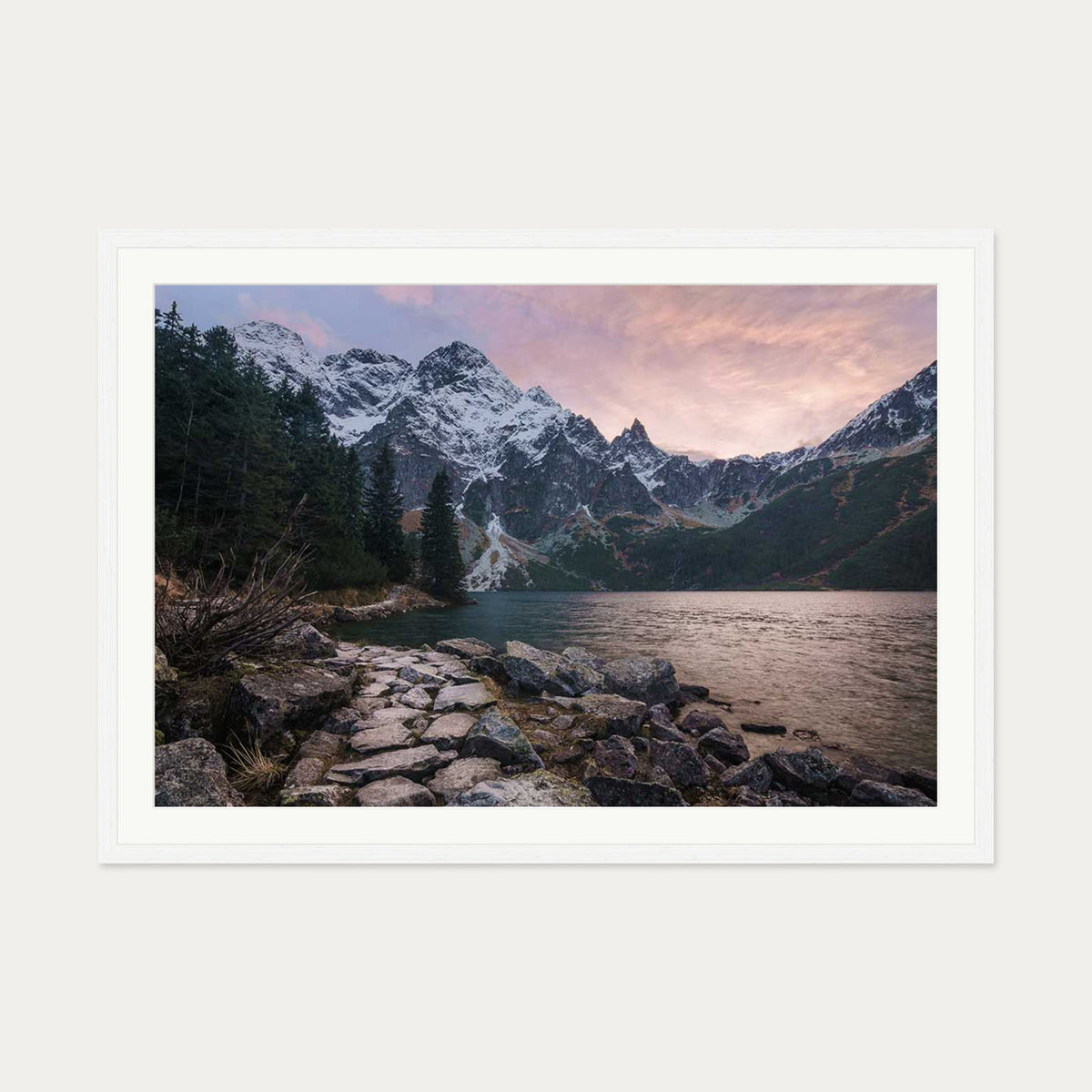 Picturesque Lake Wall Art Print — 70 x 100 cm — White Frame
