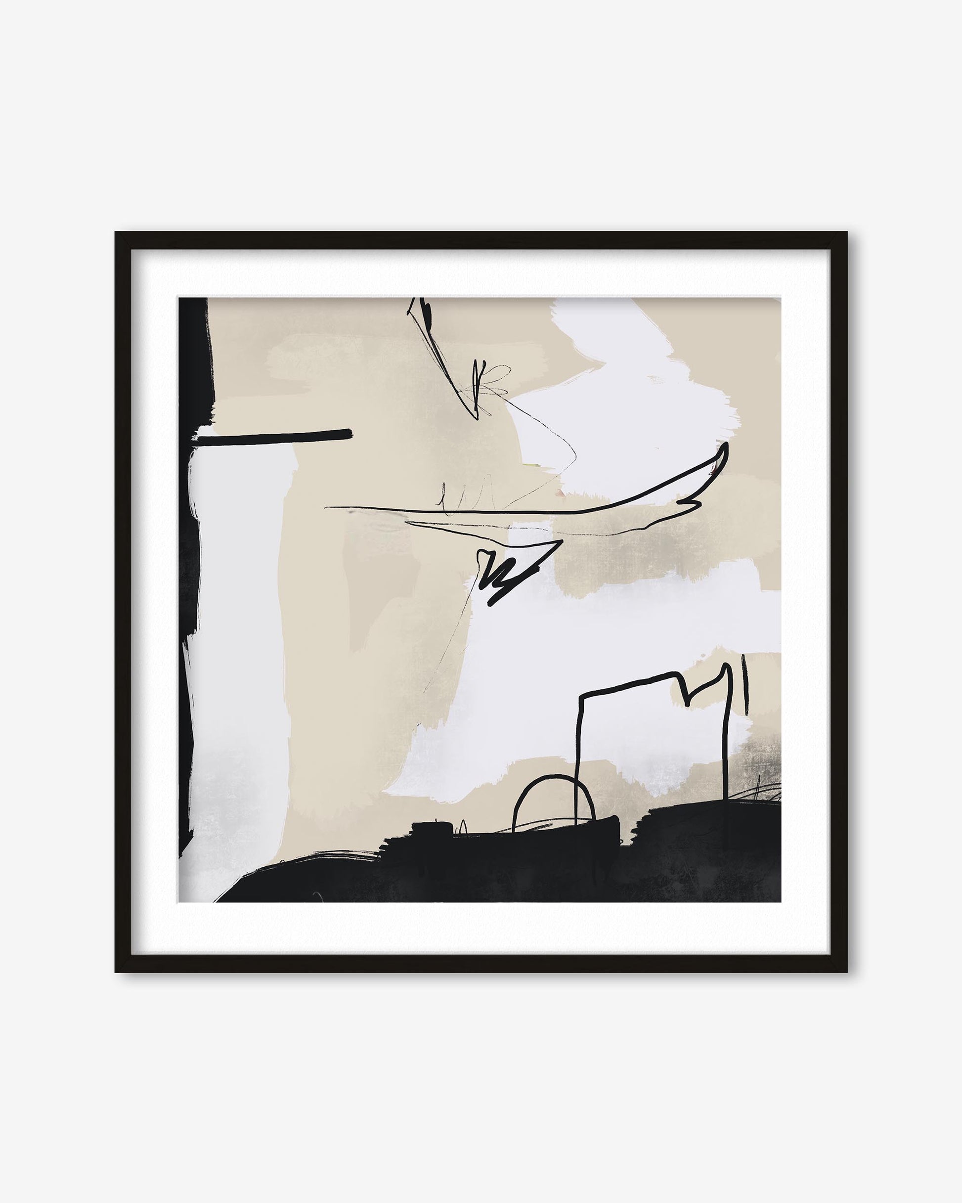Framed abstract art print with black, white, and beige colors on a white background