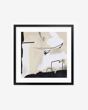 Framed art print with a abstract botanical design, featuring primarily beige, black, and yellow colors, set in a square black frame.
