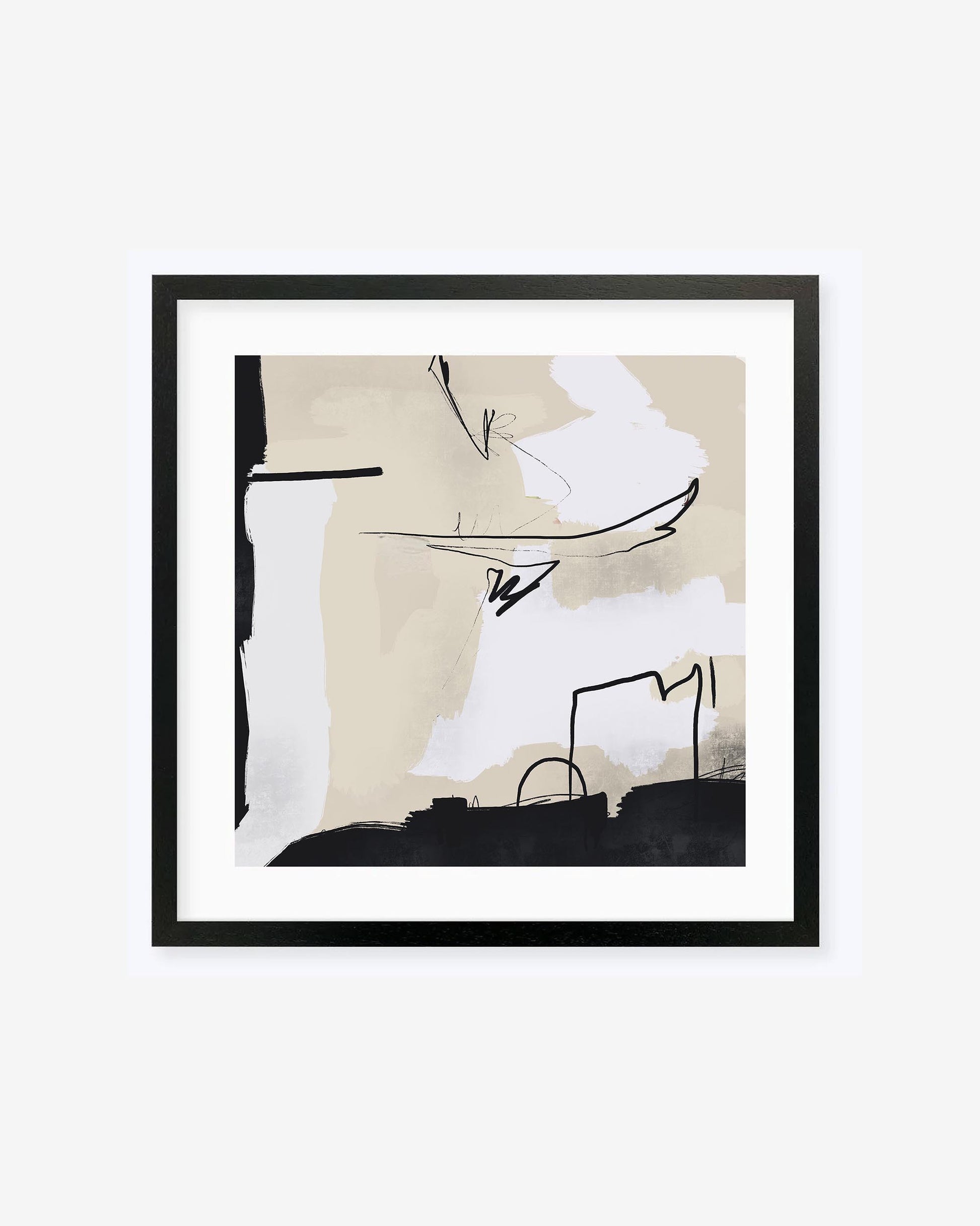 Framed art print with a abstract botanical design, featuring primarily beige, black, and yellow colors, set in a square black frame.