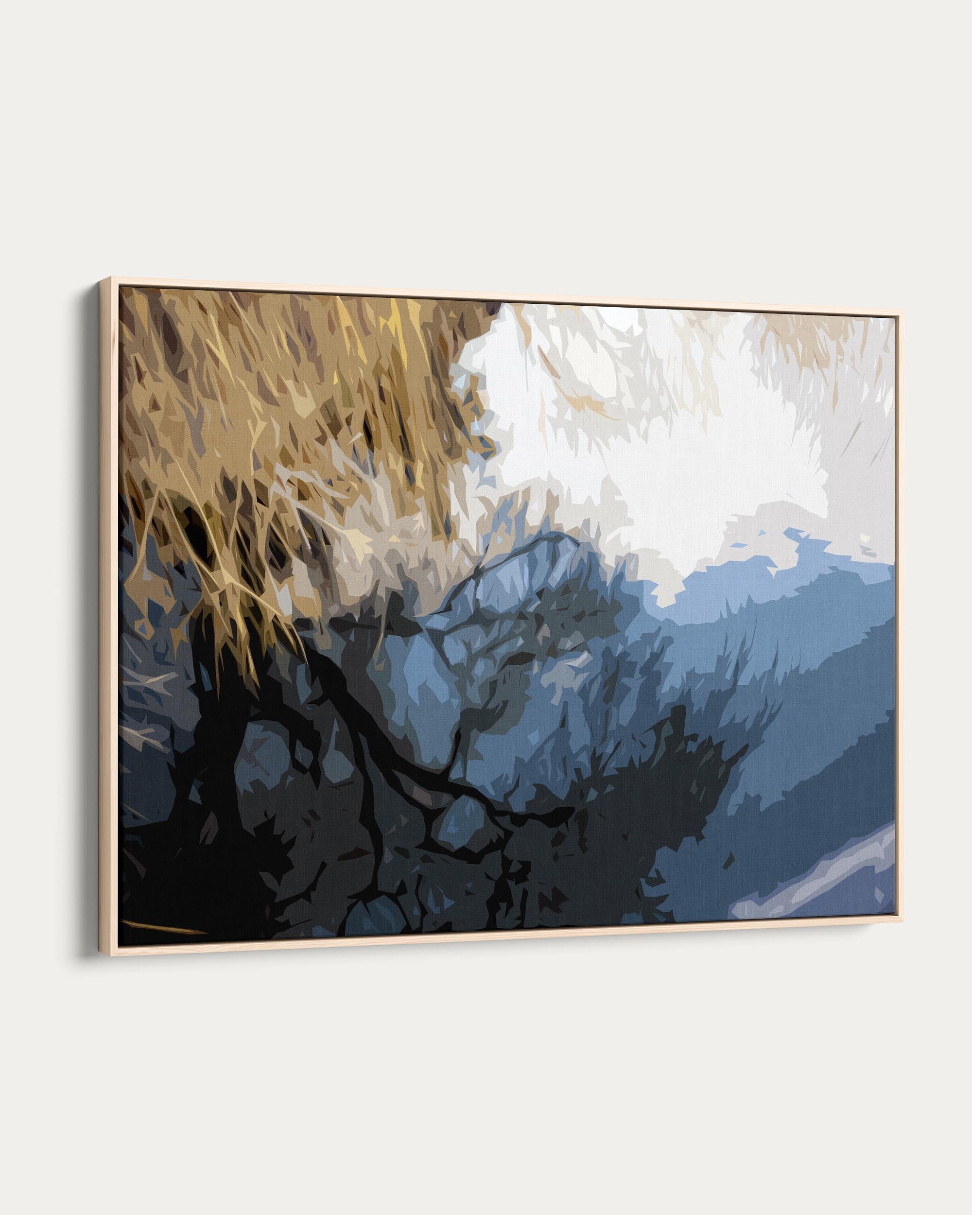 Abstract art piece with blue, black, and beige tones on a white background