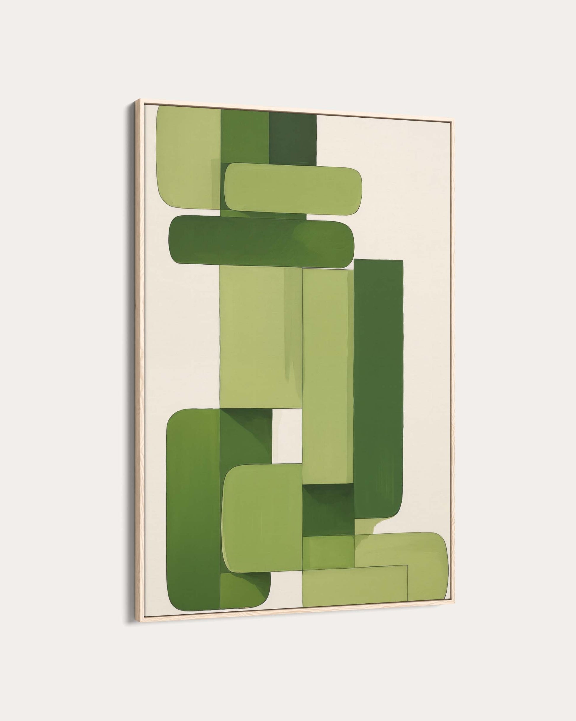 Abstract art piece with green geometric shapes on a beige background