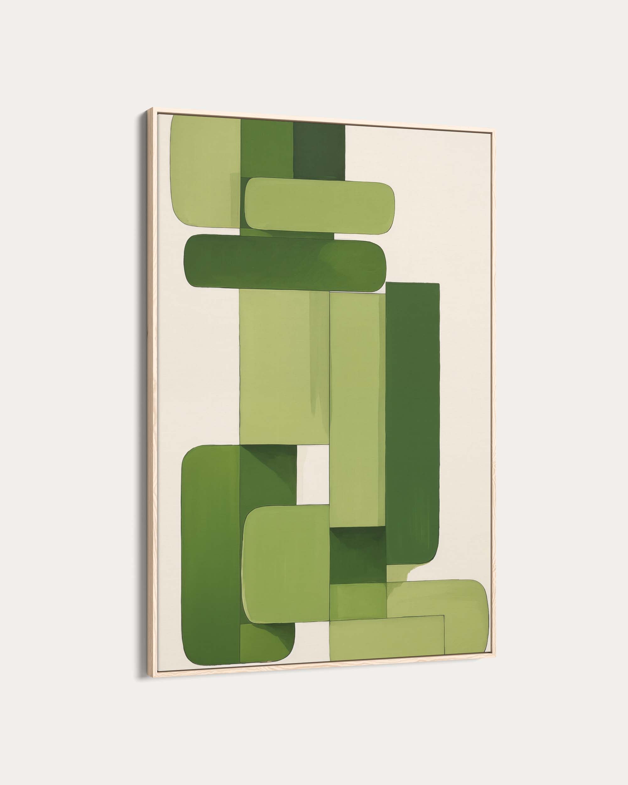 Abstract art piece with green geometric shapes on a beige background
