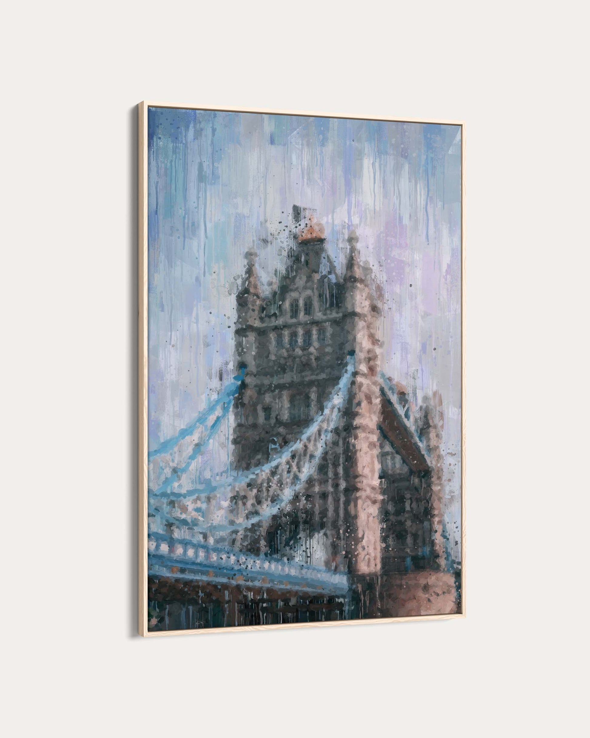 Framed artwork of a bridge with a tower-like structure on a light blue background