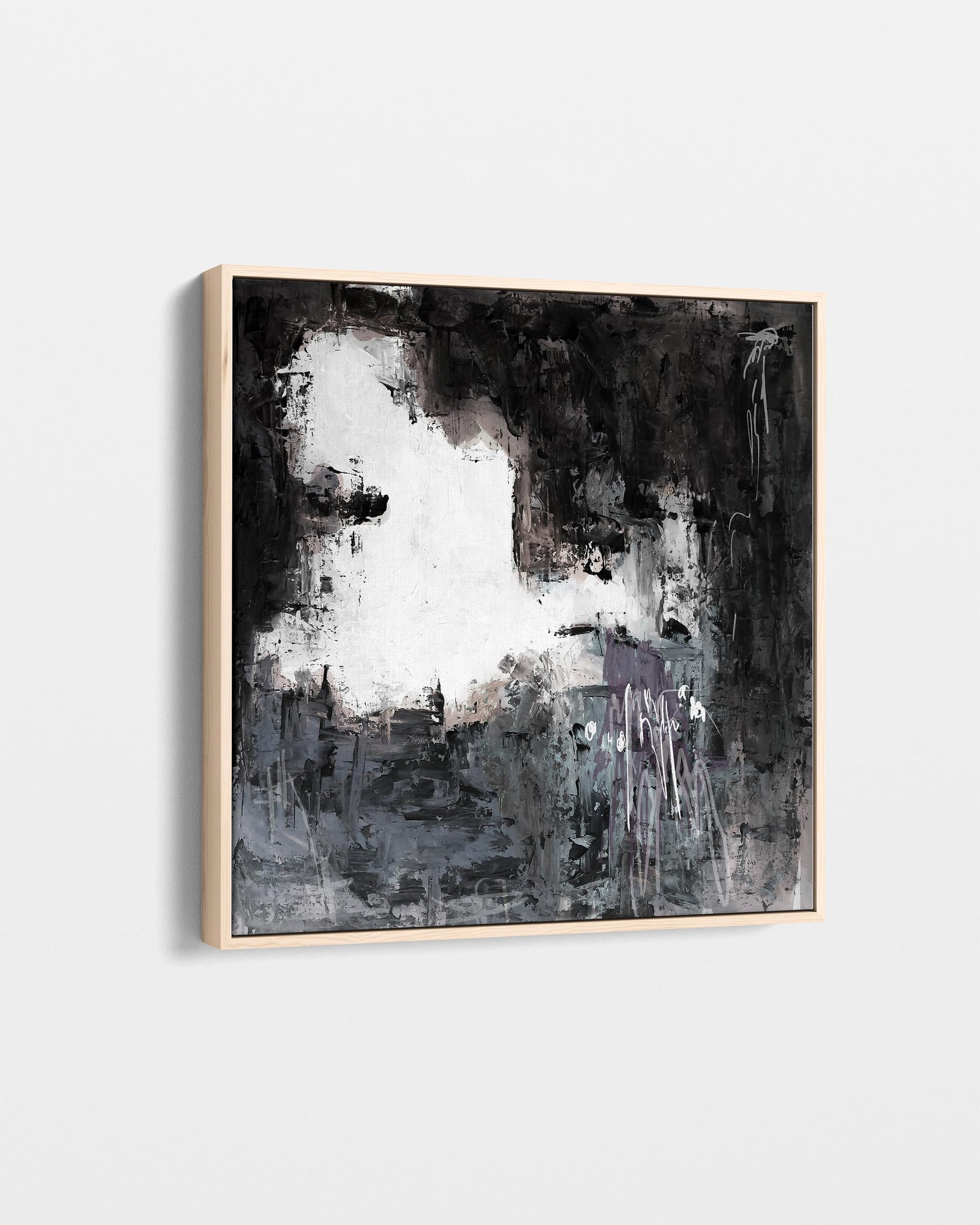 Abstract art painting with black, white, and gray tones on a light gray background