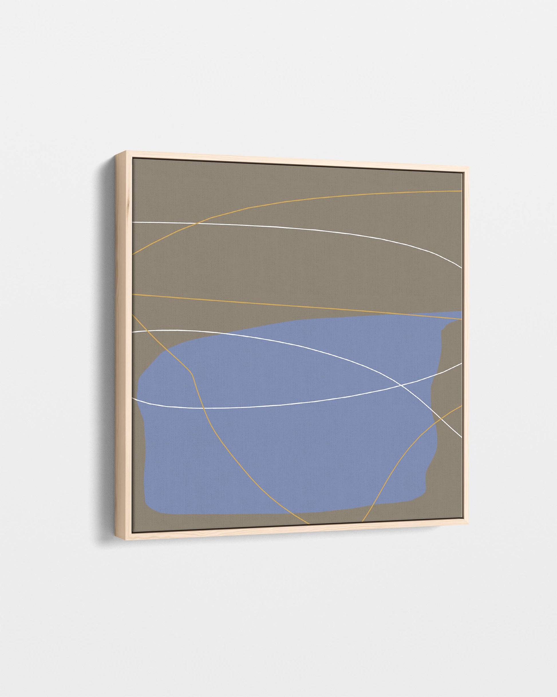 Abstract art piece with blue and beige shapes on a gray background