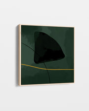 Abstract art piece with a dark green background and a gold line on a light gray background
