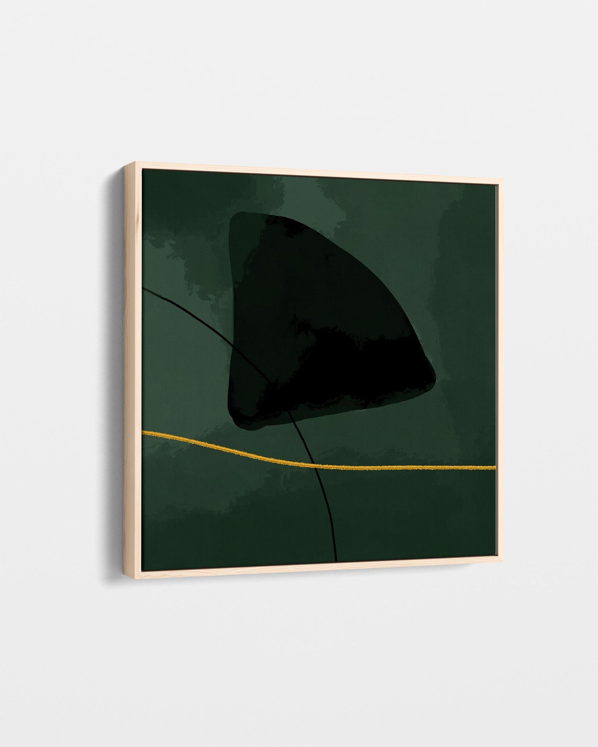 Abstract art piece with a dark green background and a gold line on a light gray background