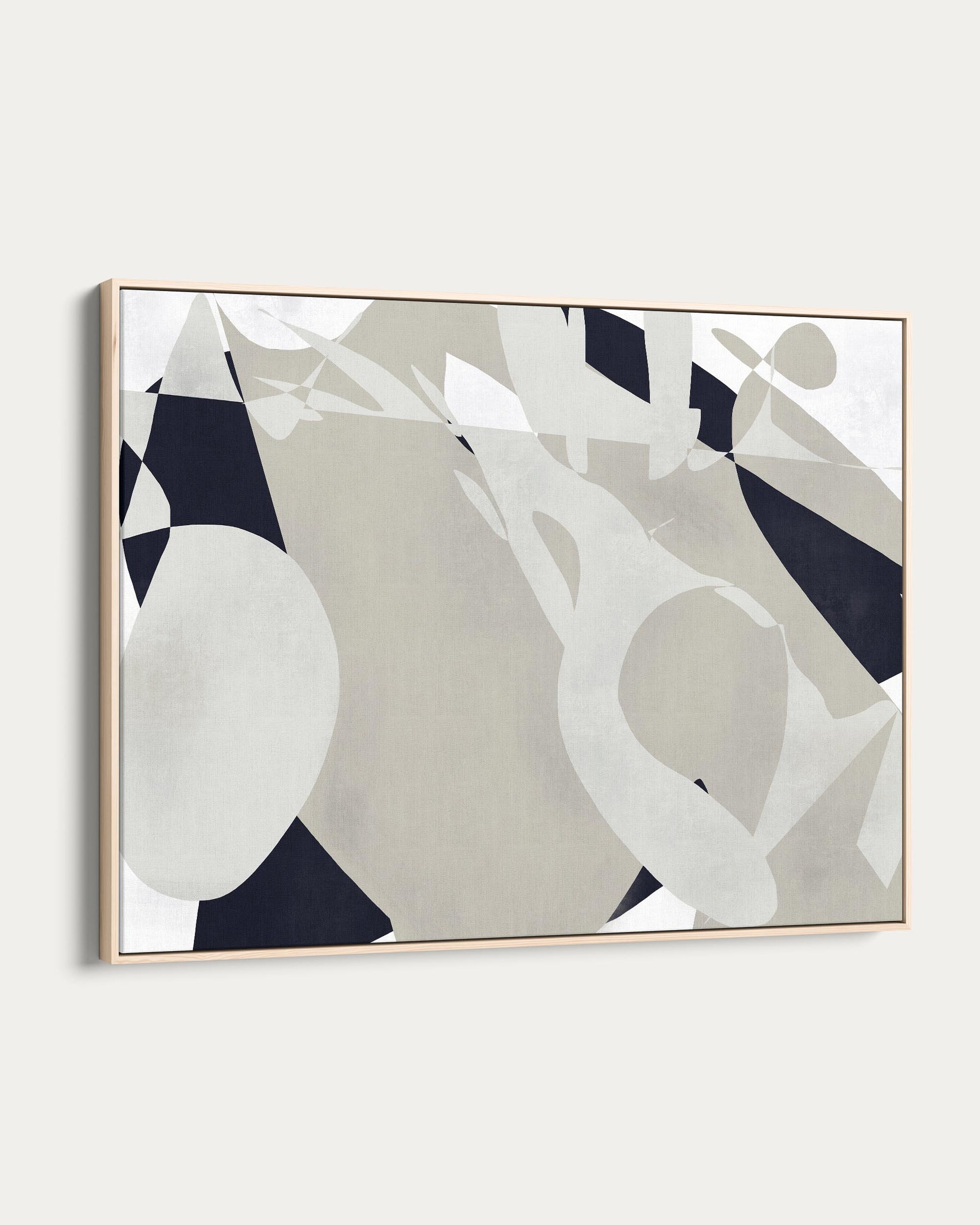 Abstract art piece with geometric shapes in black, white, and gray on a white background