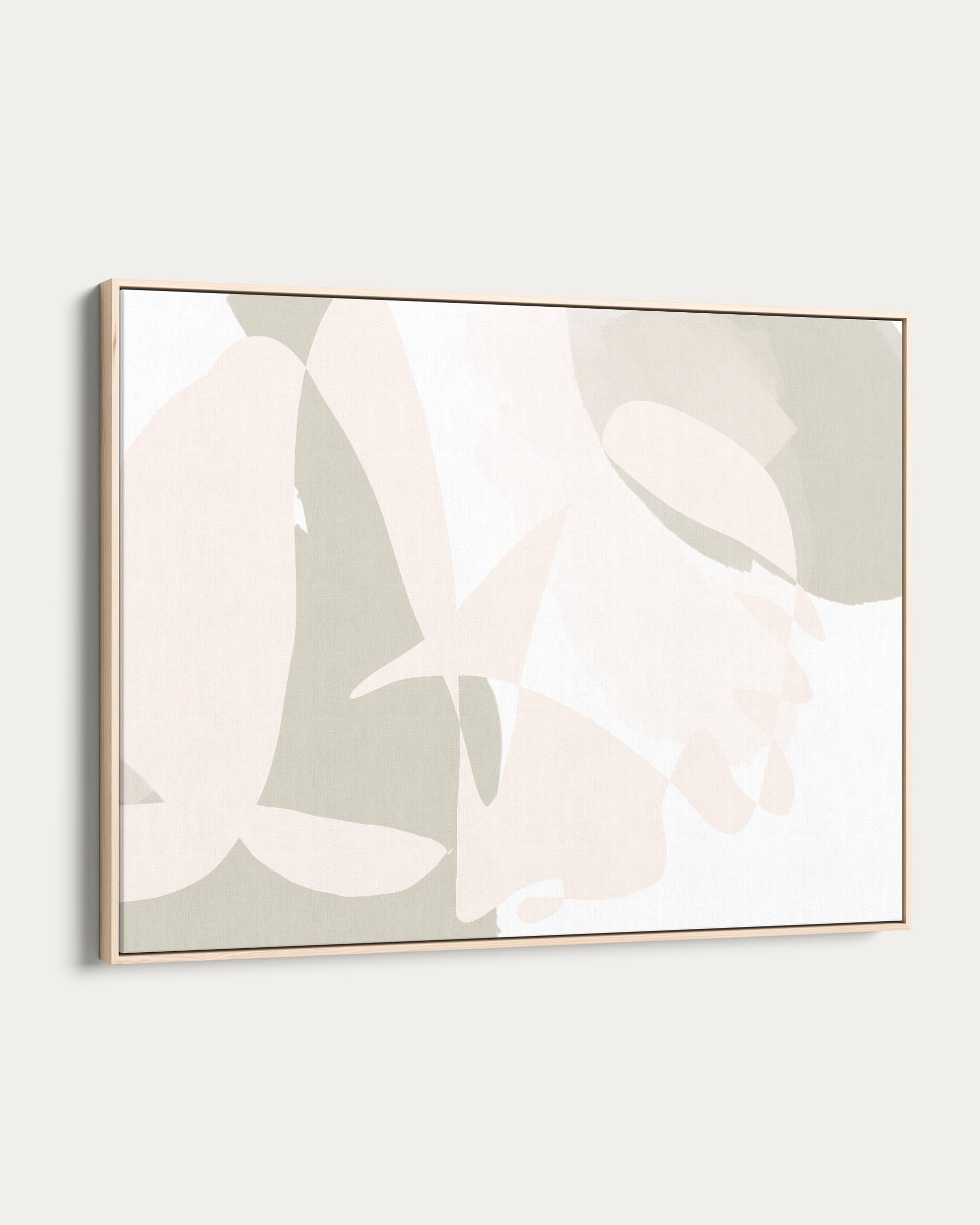 Framed abstract art with light pink and white shapes on a light gray background