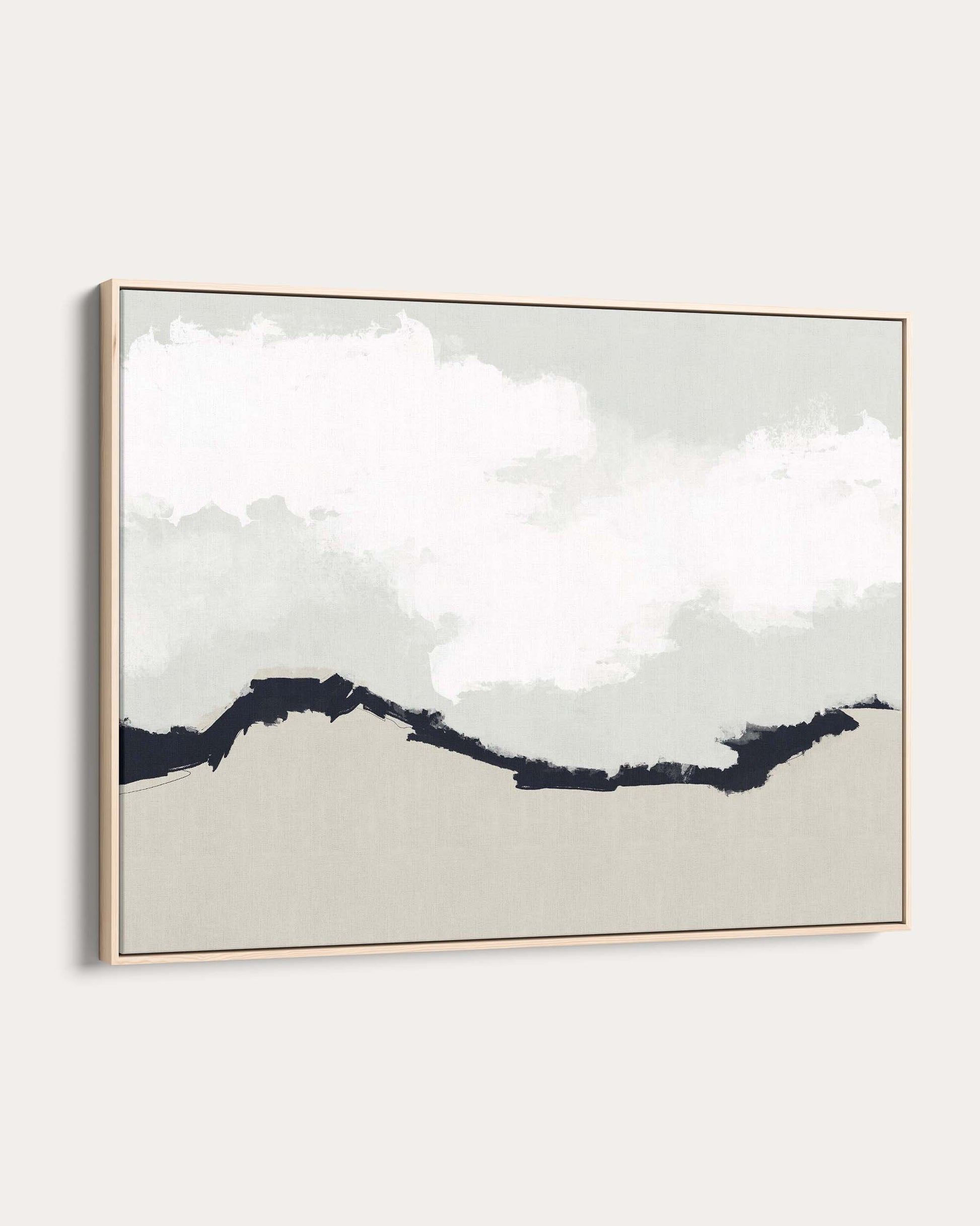 Framed abstract art with a landscape of mountains and clouds on a white background
