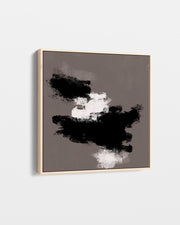 Abstract art piece with black and white cloud-like shapes on a gray background