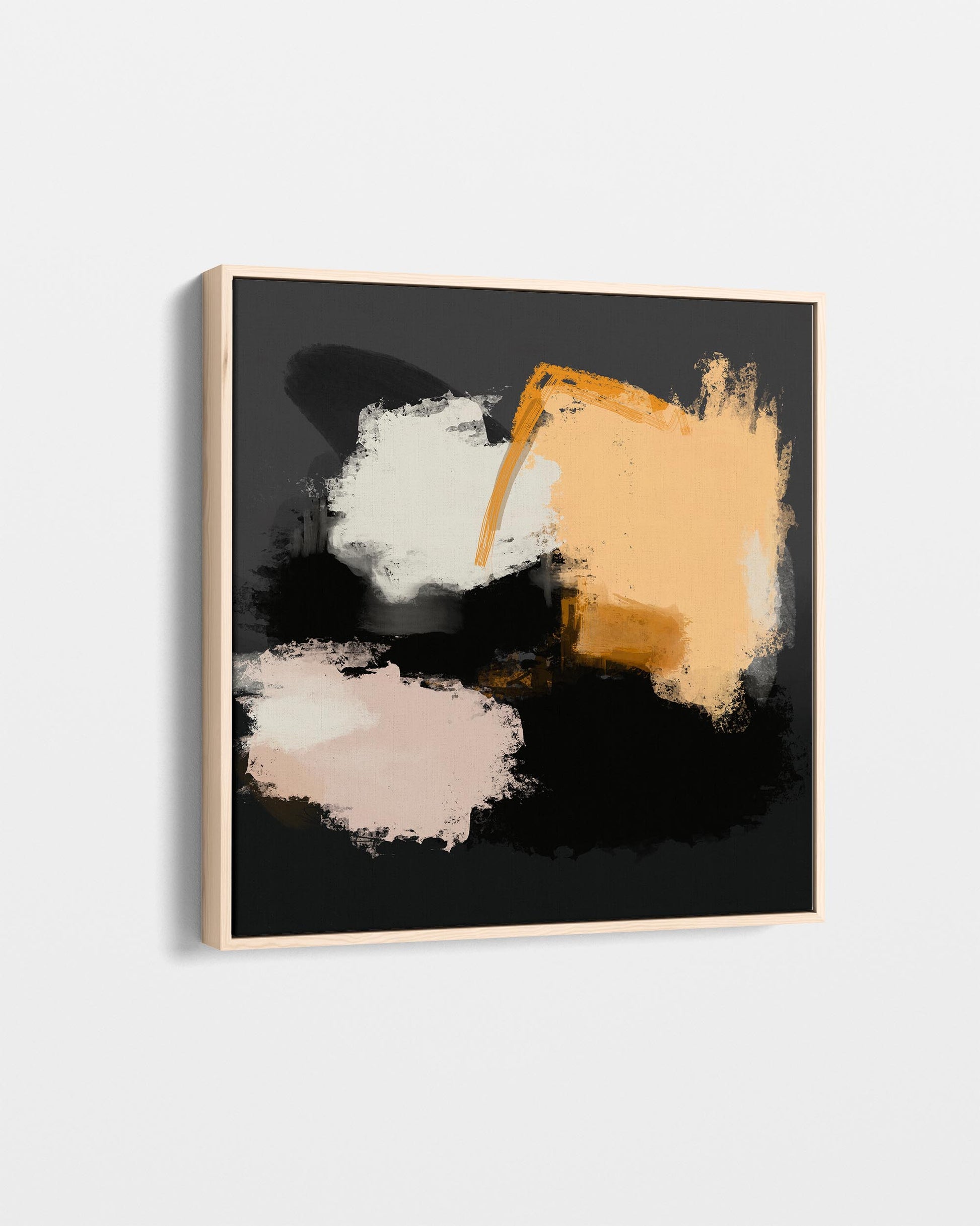Abstract art print with black, orange, and white abstract shapes on a black background