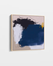 Abstract art piece with blue and black brush strokes on a beige background