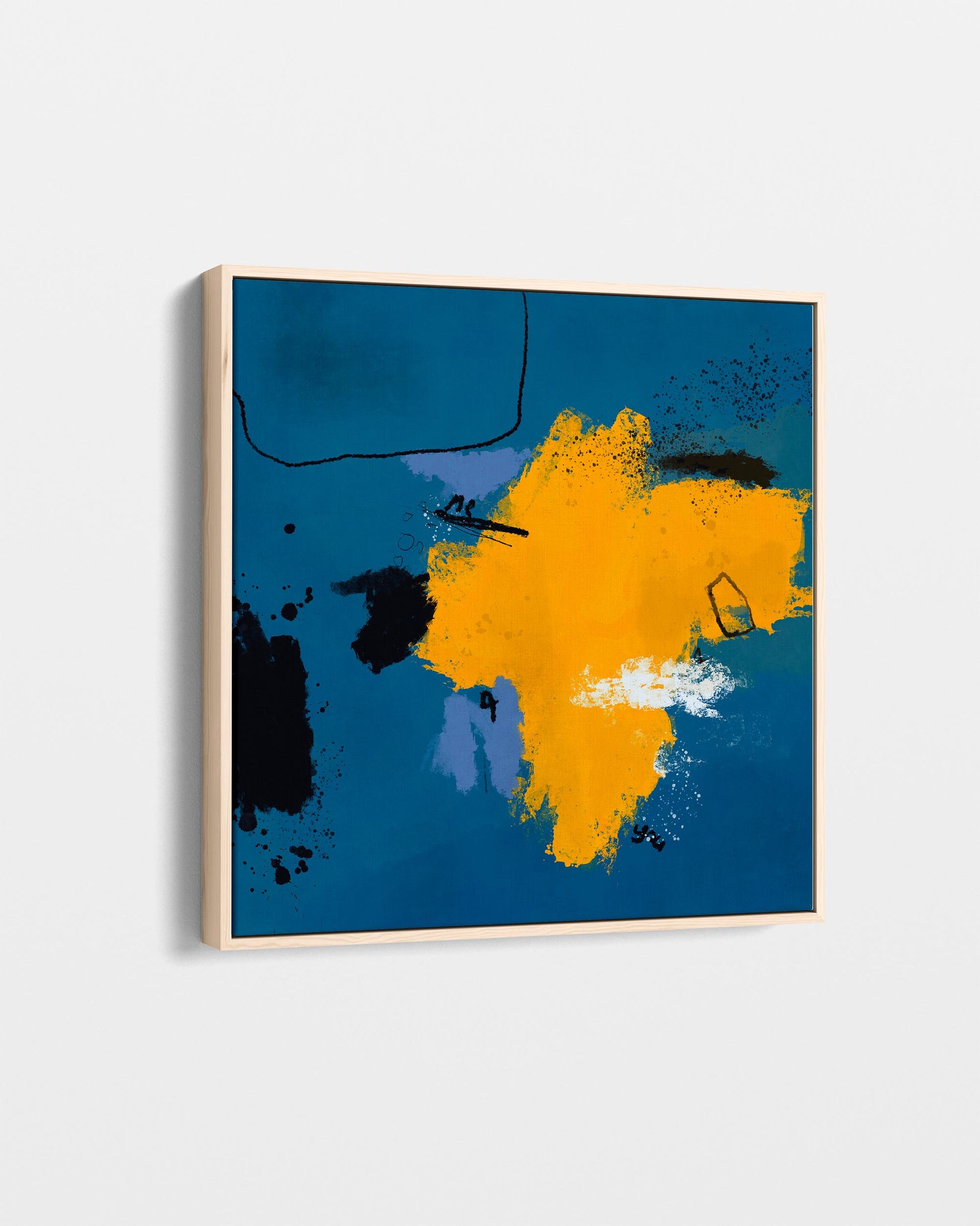 Abstract art print with blue and orange abstract shapes on a white background