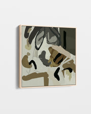 Abstract art piece with figures and shapes on a light background