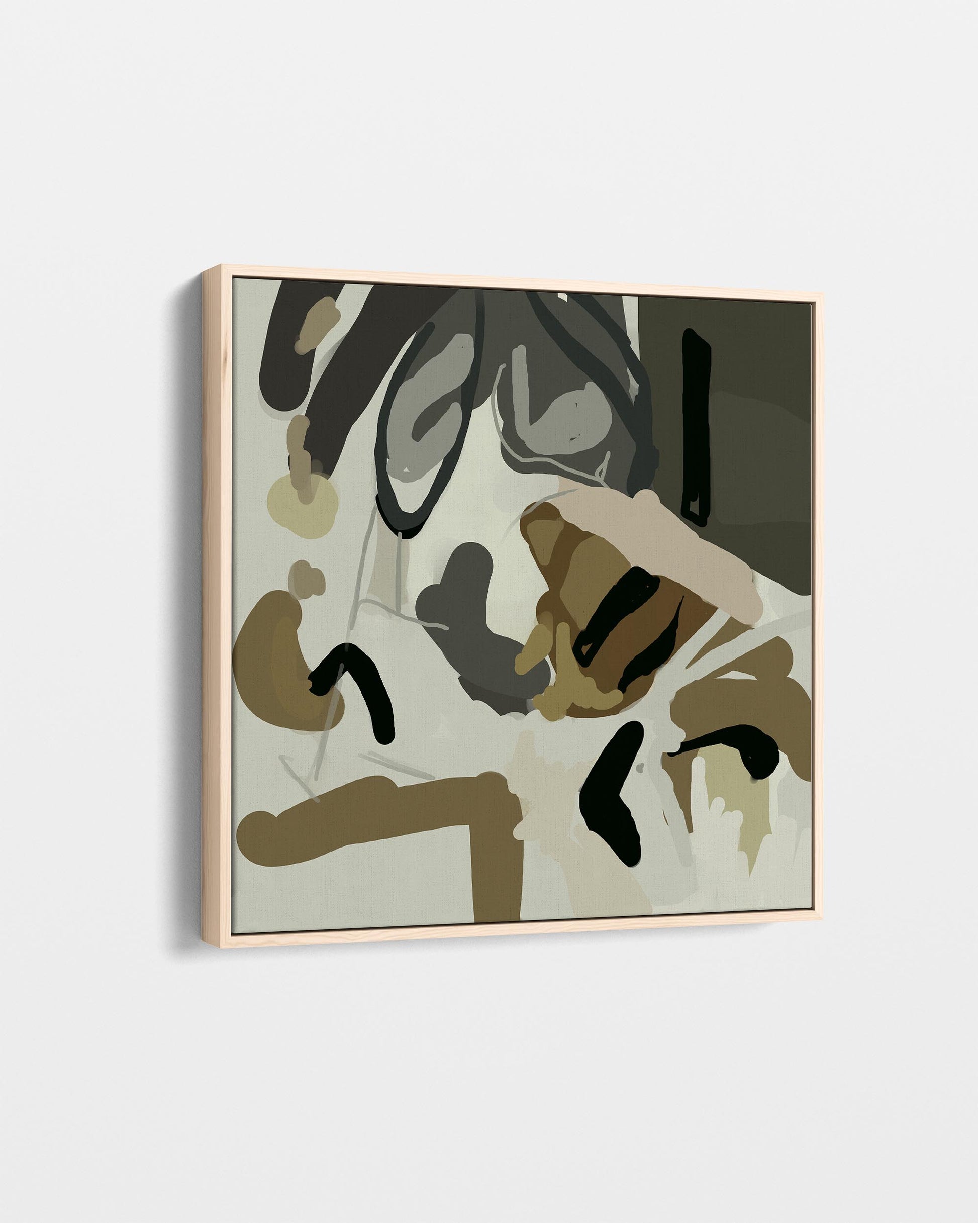 Abstract art piece with figures and shapes on a light background