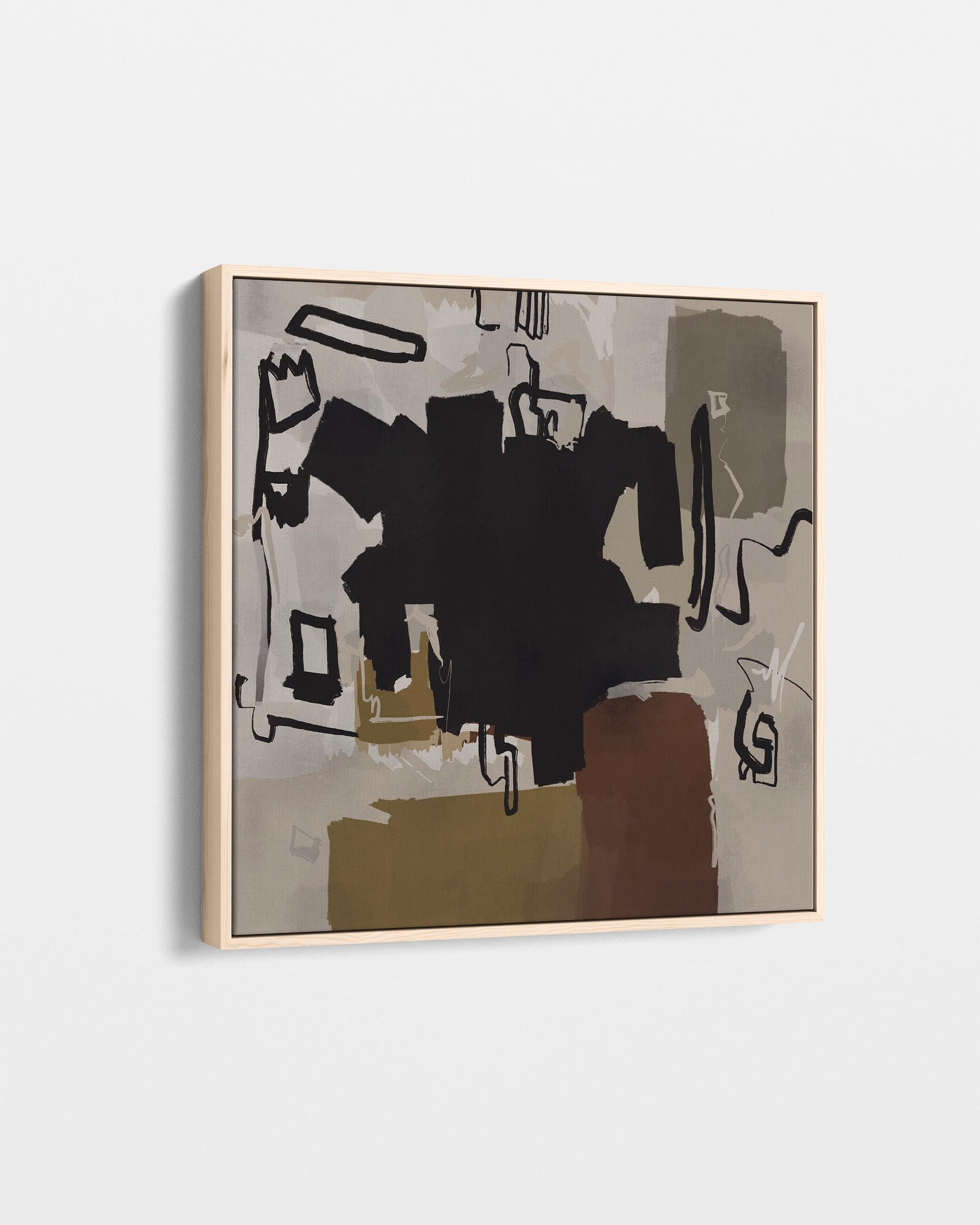 Abstract art piece with black and brown shapes on a light gray background