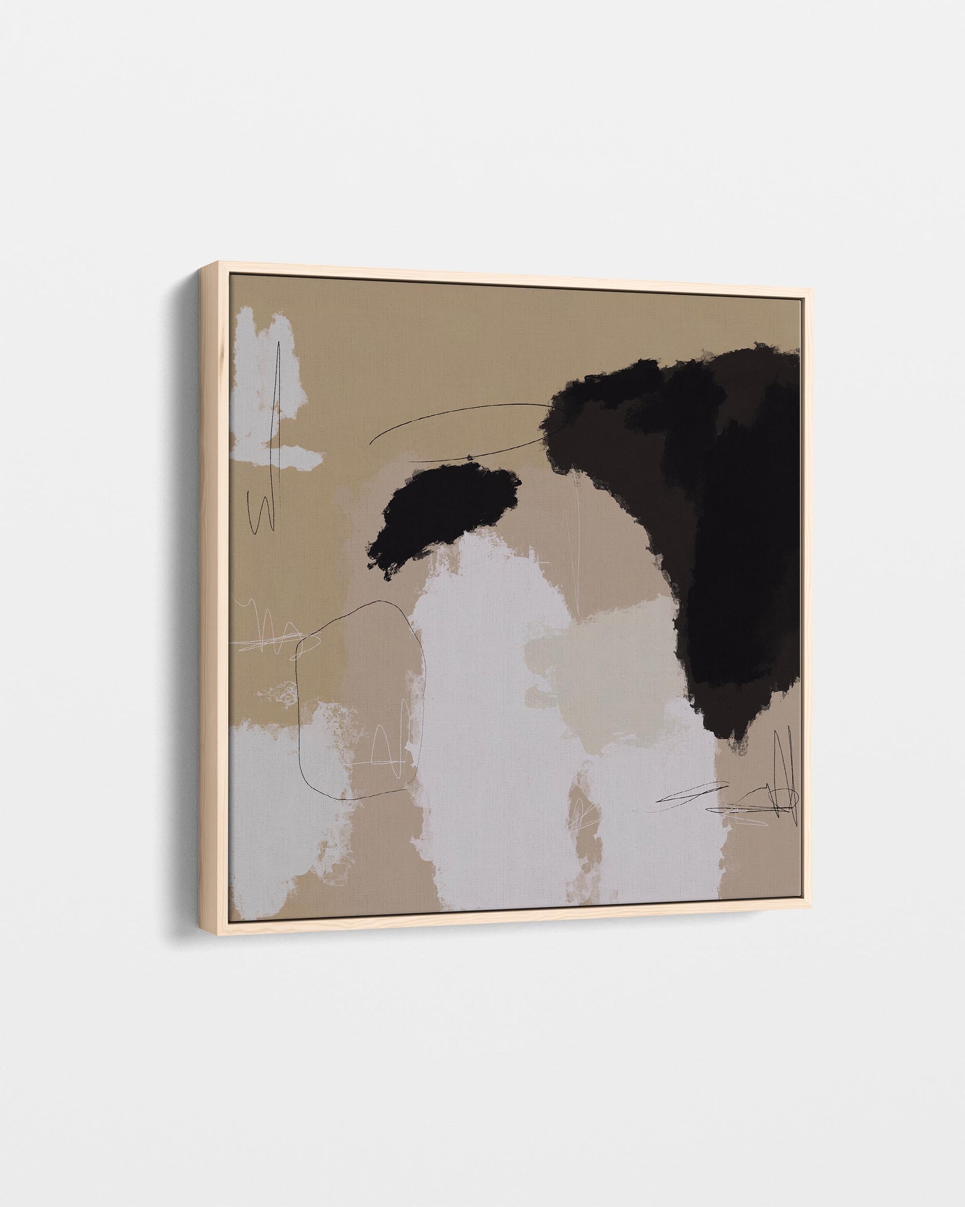 Abstract art piece with black, white, and beige colors on a light gray background