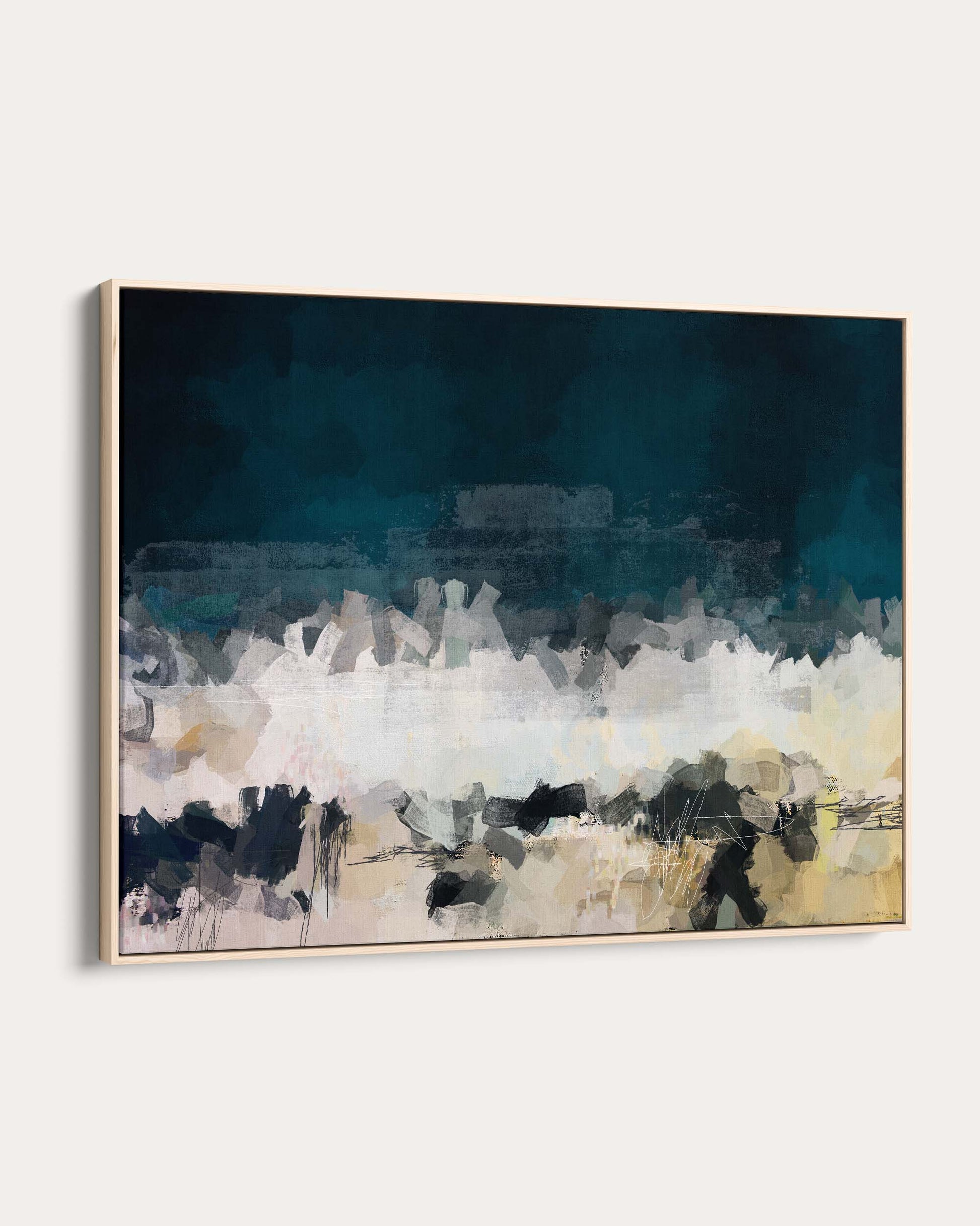 Abstract art painting with blue, white, and black colors on a white background