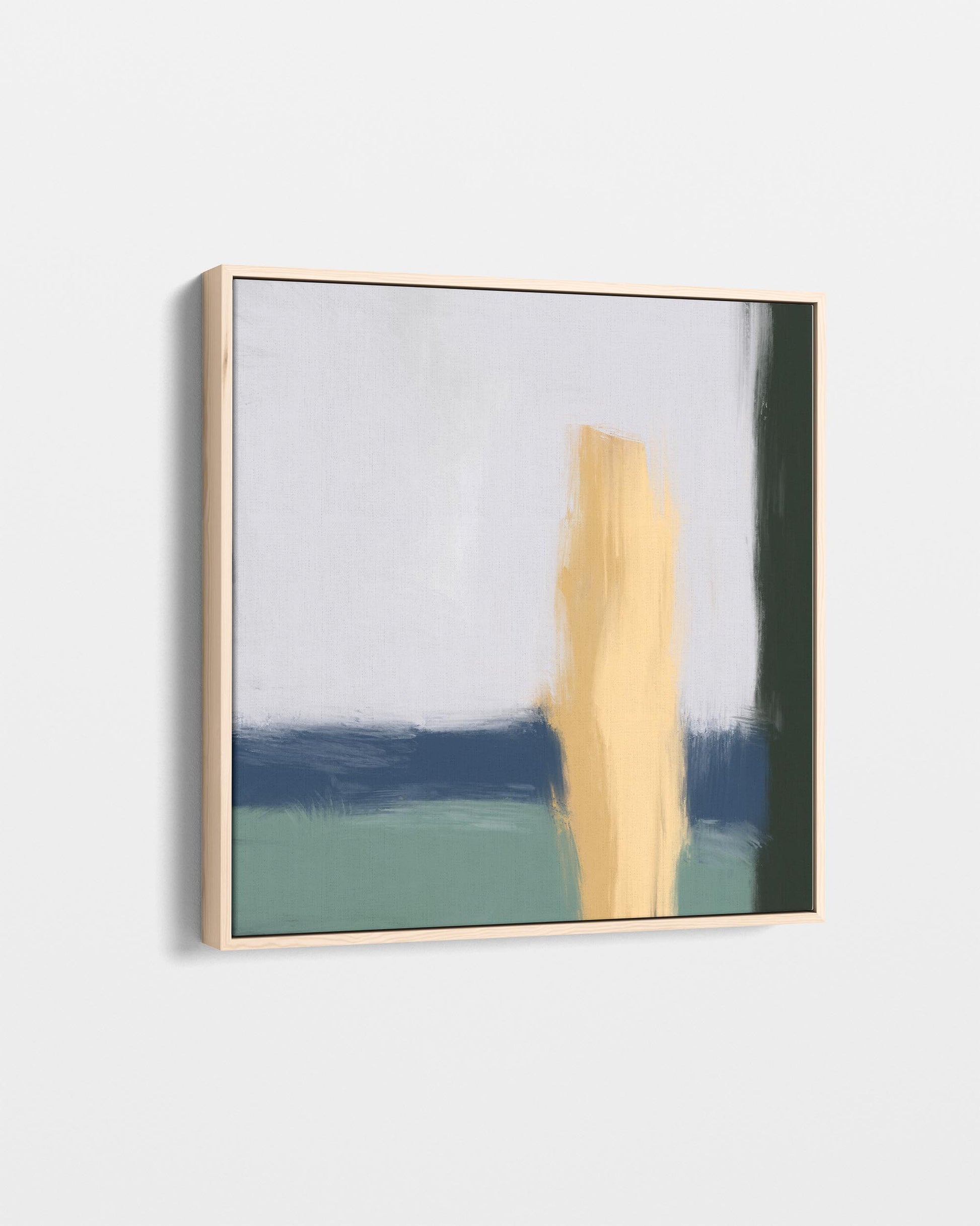 Abstract art piece with a gold and blue color scheme on a light gray background