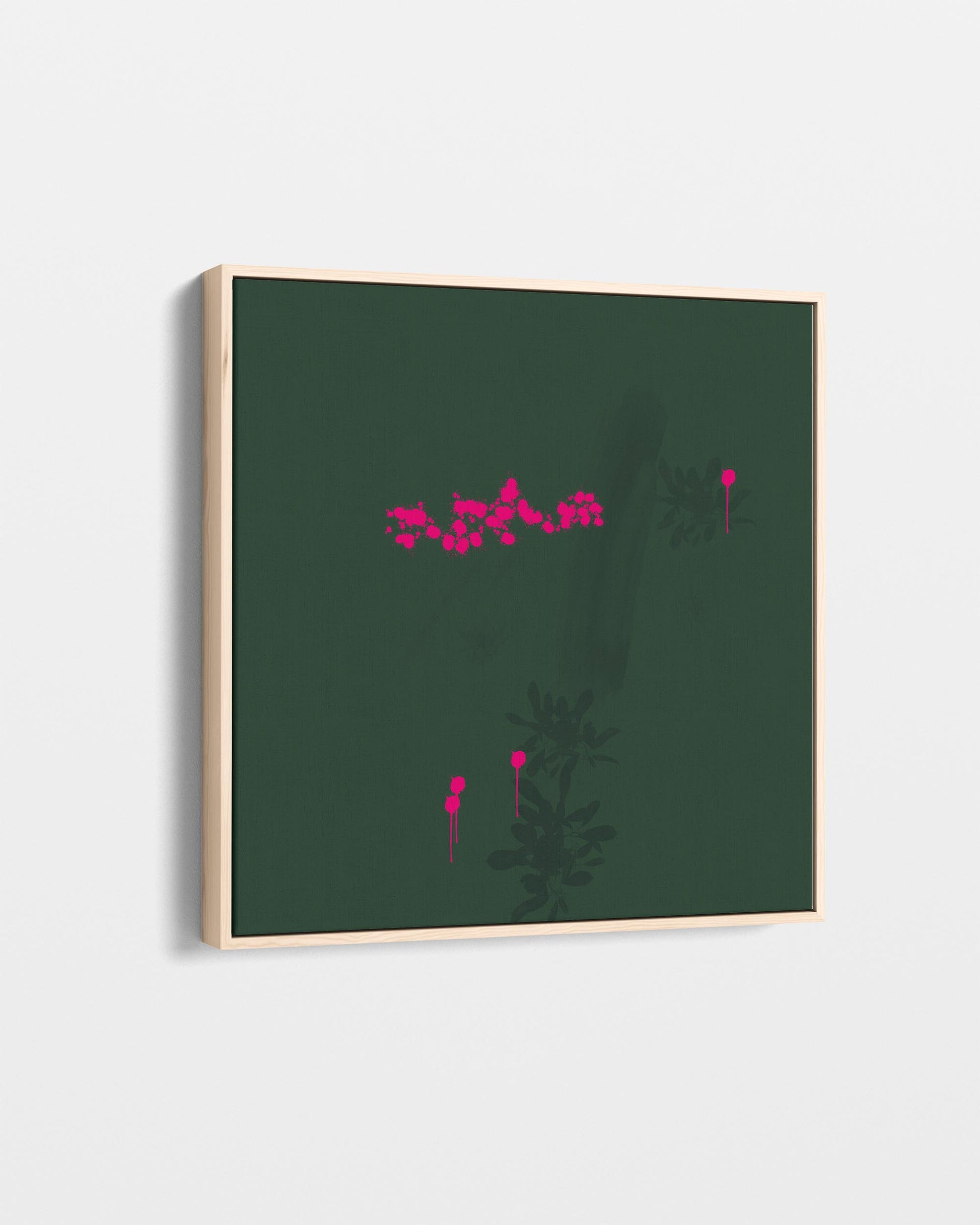Abstract art piece with pink and red elements on a dark green background
